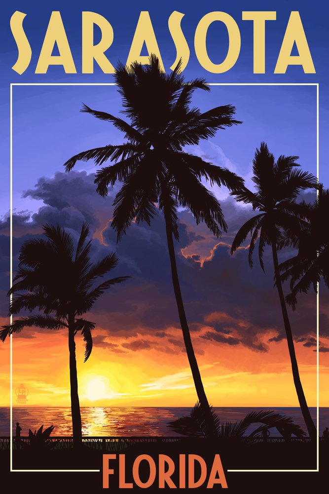 Lantern Press Sarasota Florida Palms and Sunset Wall Art - 16x24 Wrapped Canvas Print - Tropical Beach Decor for Living Room, Bedroom & Office