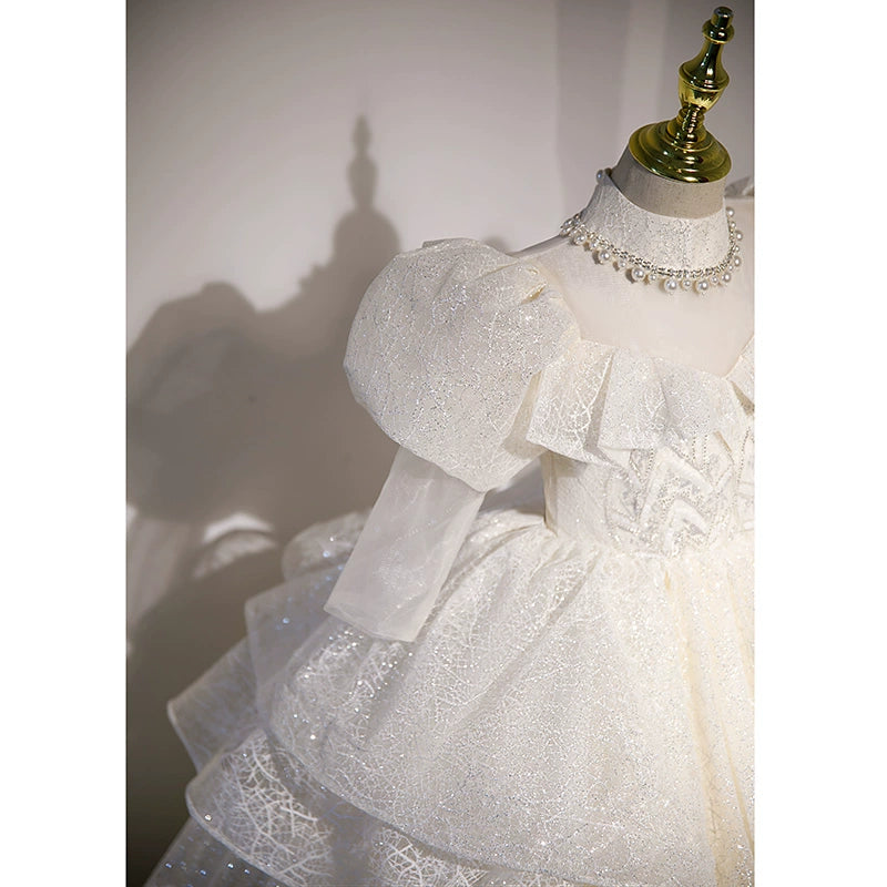 White Princess Jewel Neck Floor-Length Organza Flower Girl Dress for Weddings & Special Occasions
