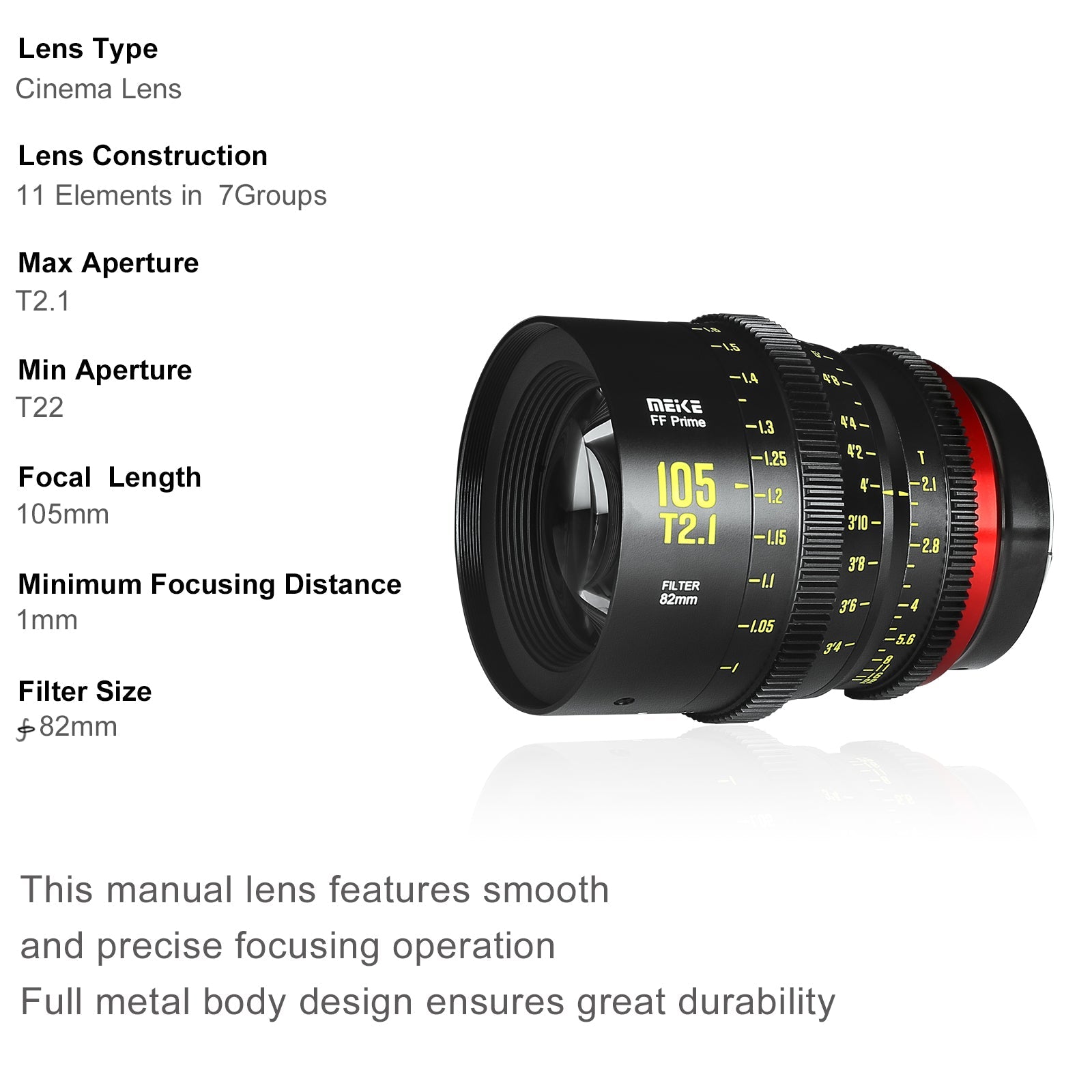Meike 105mm T2.1 Full Frame Cinema Prime Lens for Sony E Mount - Professional Cine Lens for Filmmaking, Videography & Photography - Perfect for Portraits, Interviews & Cinematic Shots