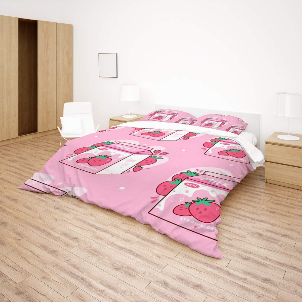 Kuizee Kawaii Strawberry Milk Anime Cartoon Duvet Cover Set - Ultra Soft, Breathable & Durable Queen Size Bedding - Perfect for Girls' Room, Anime Lover Gift & Cozy Bedroom Decor