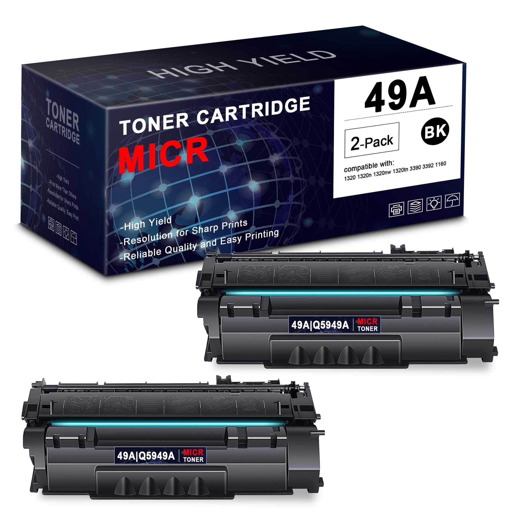 BERYINK 49A | Q5949A Compatible MICR Remanufactured Toner Cartridge (2-Pack, Black) - Replacement for HP 1320 1320n 1320nw 1320tn 3390 3392 1160 Printers | Ideal for Home Office, Small Business & Banking Documents