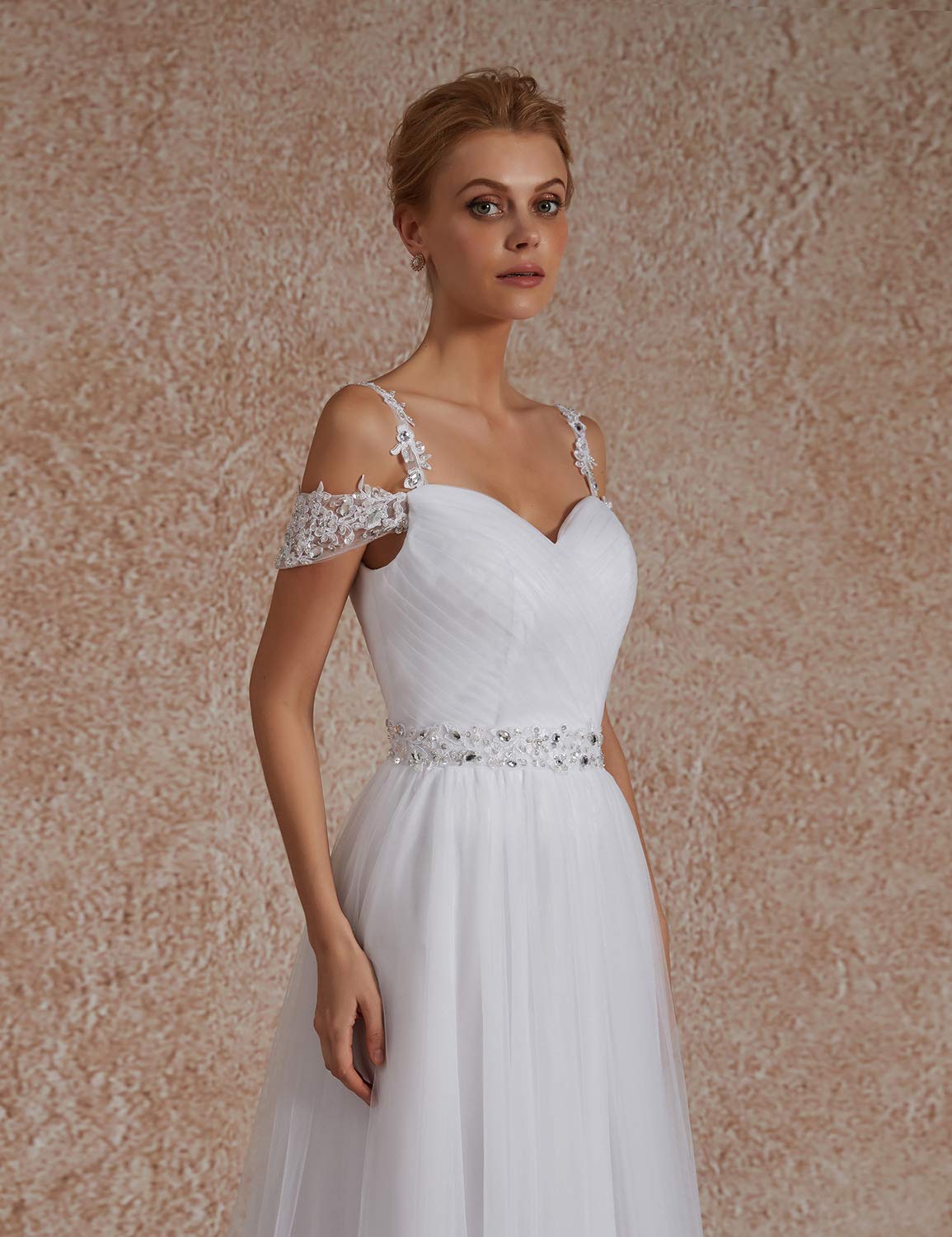 Elegant A-Line Off Shoulder Beaded Wedding Dress for Bride - 2019 Style 102WD | Perfect for Beach, Church & Garden Weddings