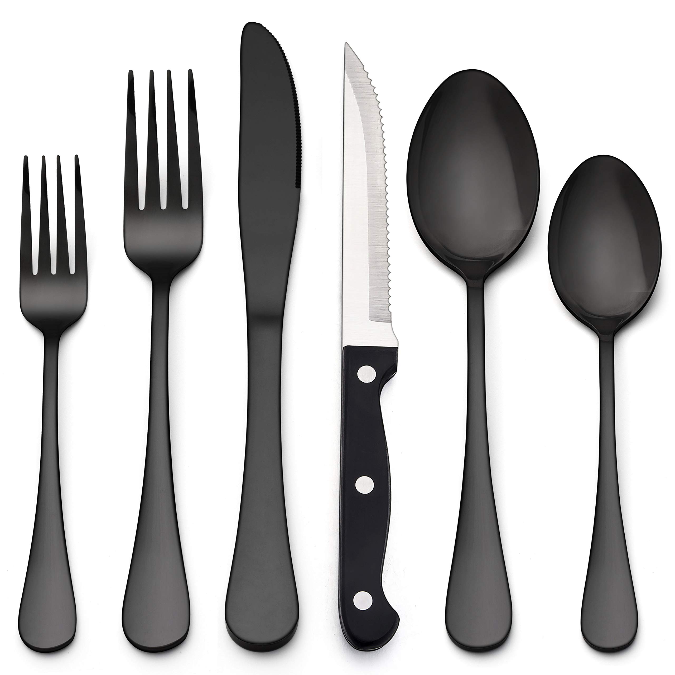 72-Piece Black Silverware Set for 12 - Stainless Steel Flatware Cutlery with Steak Knives, Mirror Finish, Dishwasher Safe - Perfect for Dinner Parties, Restaurants, and Everyday Dining