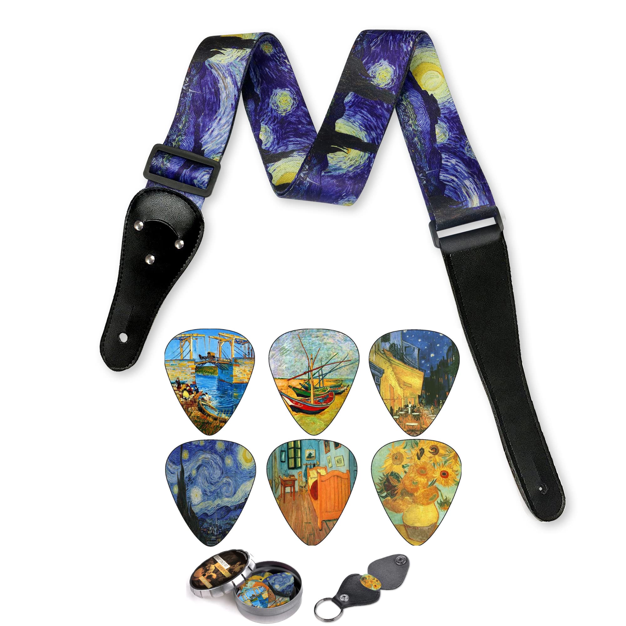 Van Gogh Guitar Strap & 12 Guitar Picks Set Bundle - Premium Art-Inspired Guitar Accessories for Musicians | Perfect Gift for Guitarists & Art Lovers | Stage Performance, Practice & Collectible Display