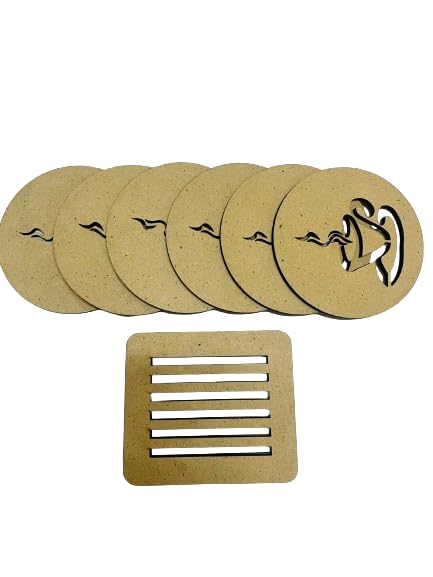 6-Piece Wooden Round Coaster Set with Decorative Holder - Absorbent Tabletop Coasters for Tea, Coffee, Mugs & Beer Cans - Rustic Indian Handicrafts for Home, Bar & Office Decor