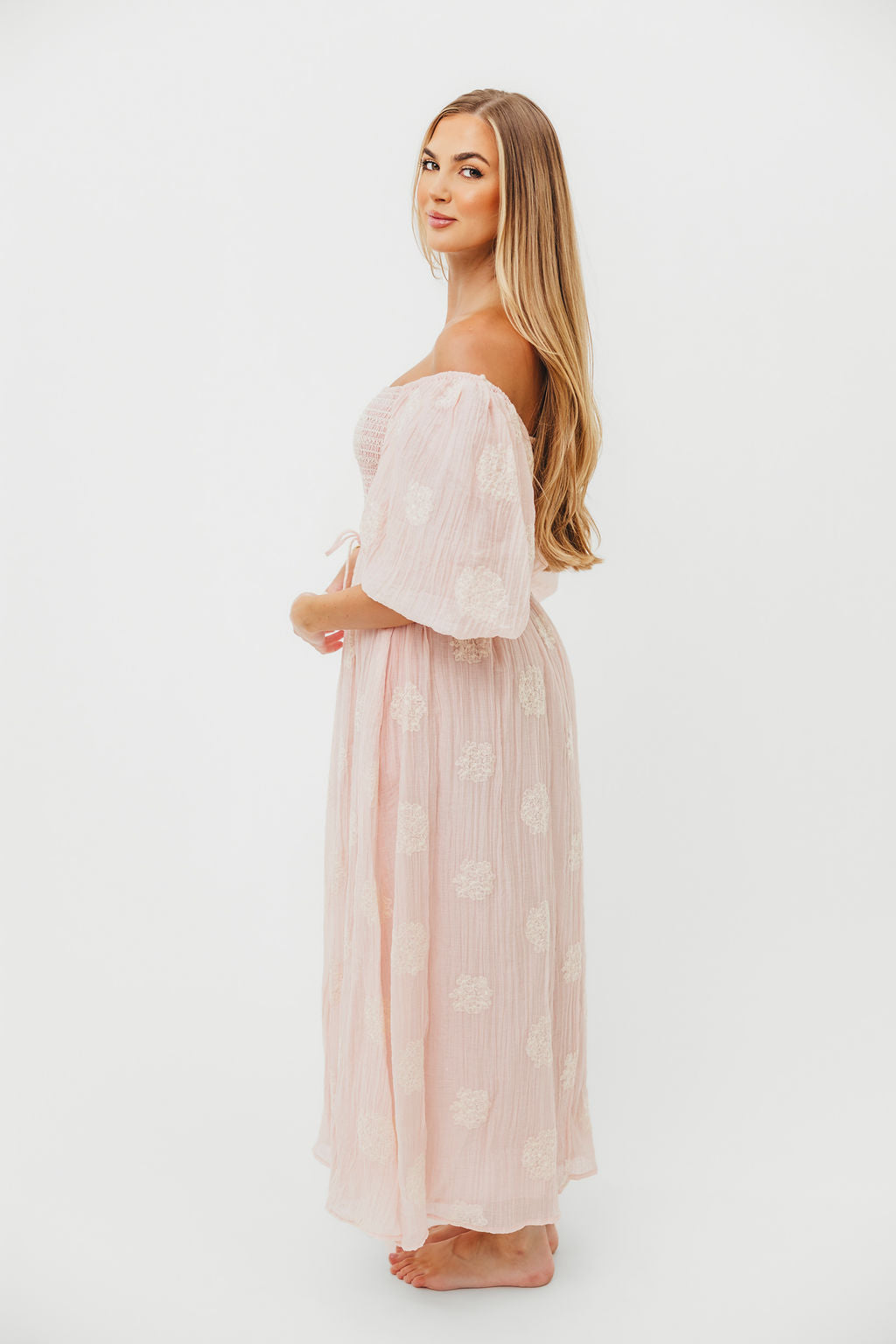 Aimee Women's Smocked Embroidered Floral Midi Dress in Blush Pink - Perfect for Summer Weddings, Garden Parties & Date Nights