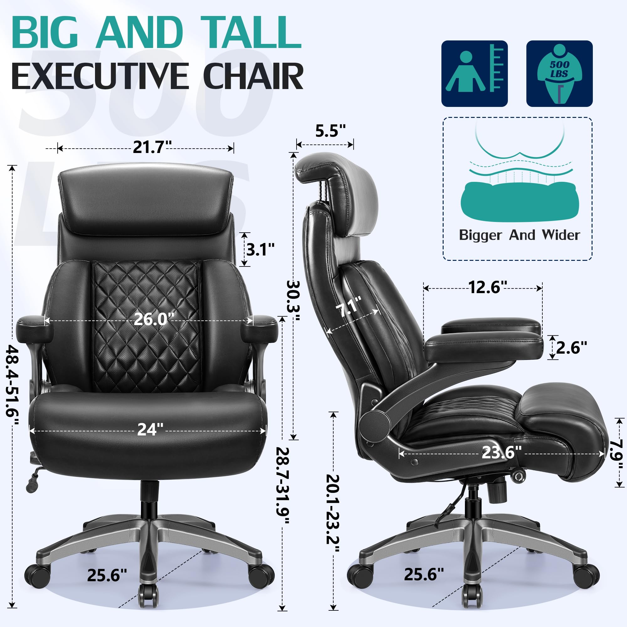 Premium 500lbs Executive Office Chair - Heavy Duty Big & Tall Desk Chair for Large People - Adjustable Lumbar Support & Armrests - Thick PU Leather Gaming Chair - Ideal for Home Office & Professional Workspaces