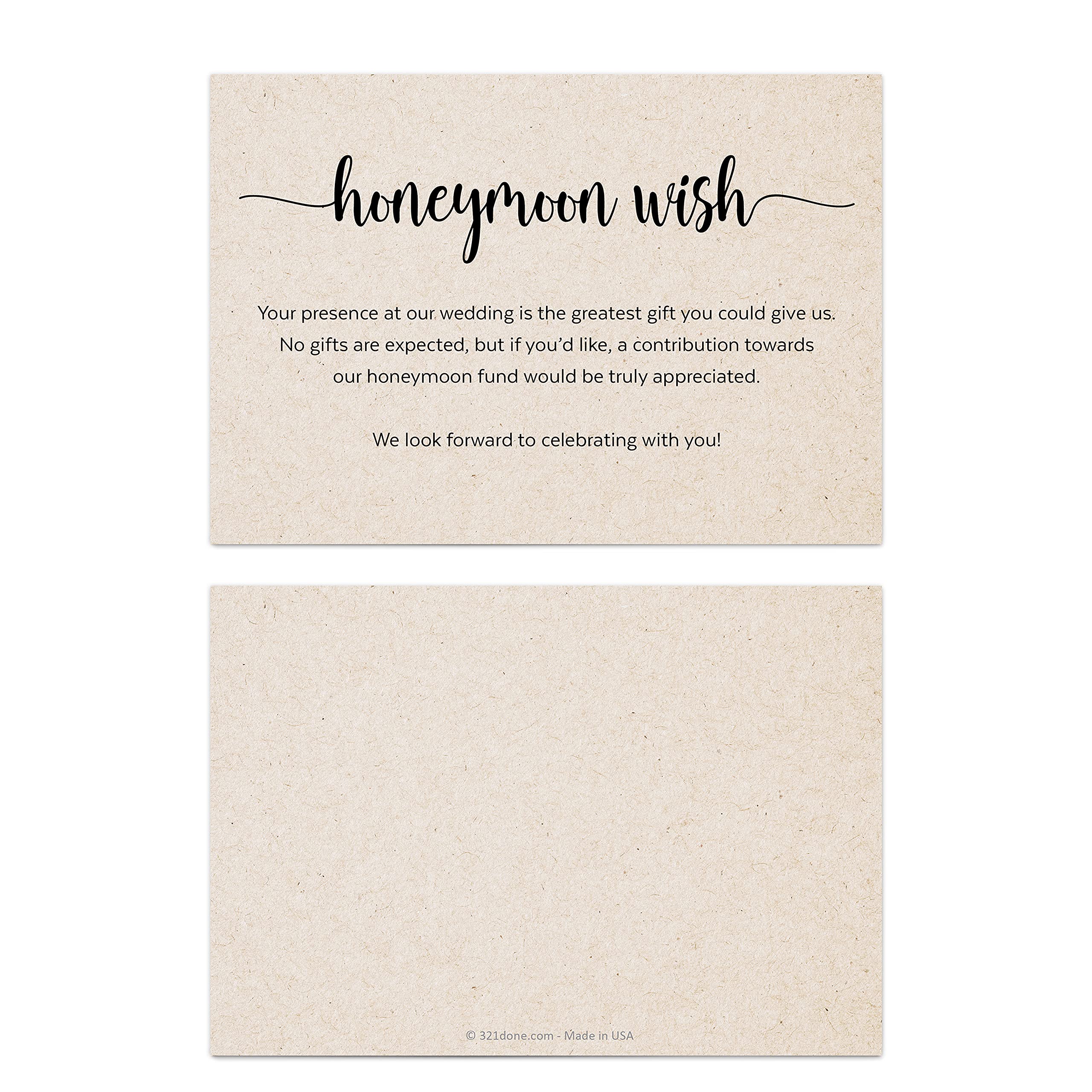 321Done Honeymoon Fund Wish Cards - Set of 50 Rustic Kraft Wedding Enclosure Cards (3.5x5 Inches) | No Gifts Requested | Made in USA | Perfect for Wedding Invitations, Bridal Showers & Wishing Wells