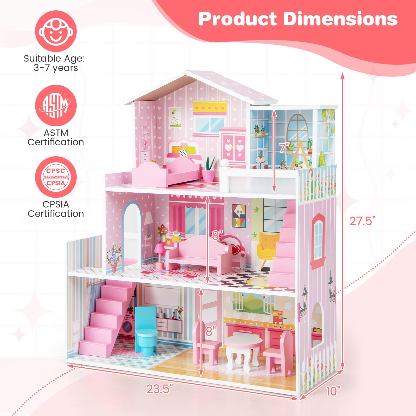 Costzon 3-Story Wooden Dollhouse for Kids - Semi-Open Design with 5 Rooms, 10-Piece Furniture Set, Ladders & Balcony | Preschool Learning Toy, DIY Pretend Play House for Girls & Boys Ages 3+ | Perfect for Birthday Gifts, Classroom Activities & Imaginative Play