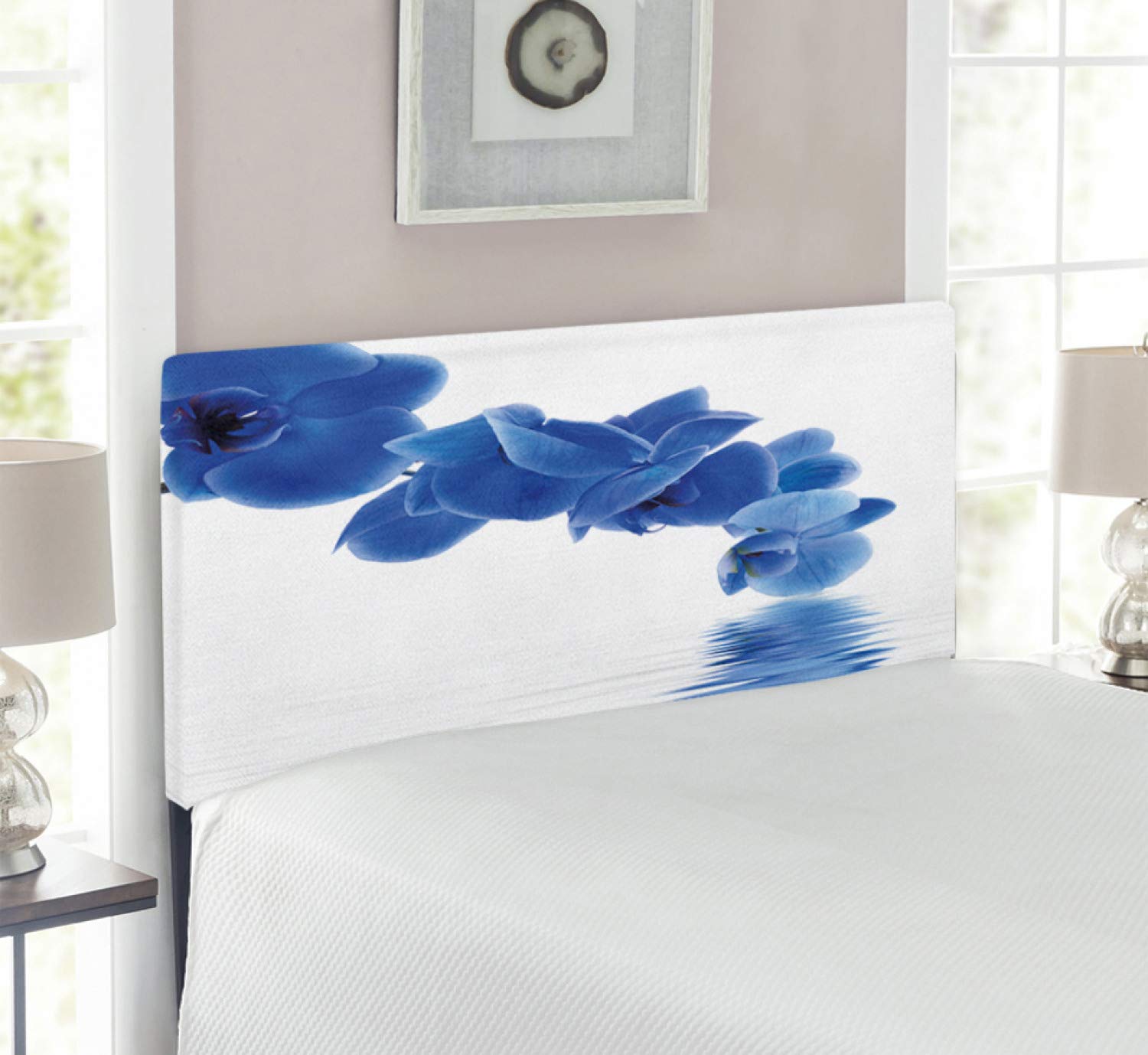 Ambesonne Blue Upholstered Headboard with Orchid Corsage & Water Reflection Design - Twin Size Memory Foam Bed Headboard in Violet Blue White | Perfect for Bridal Bedroom, Guest Room & Modern Home Decor