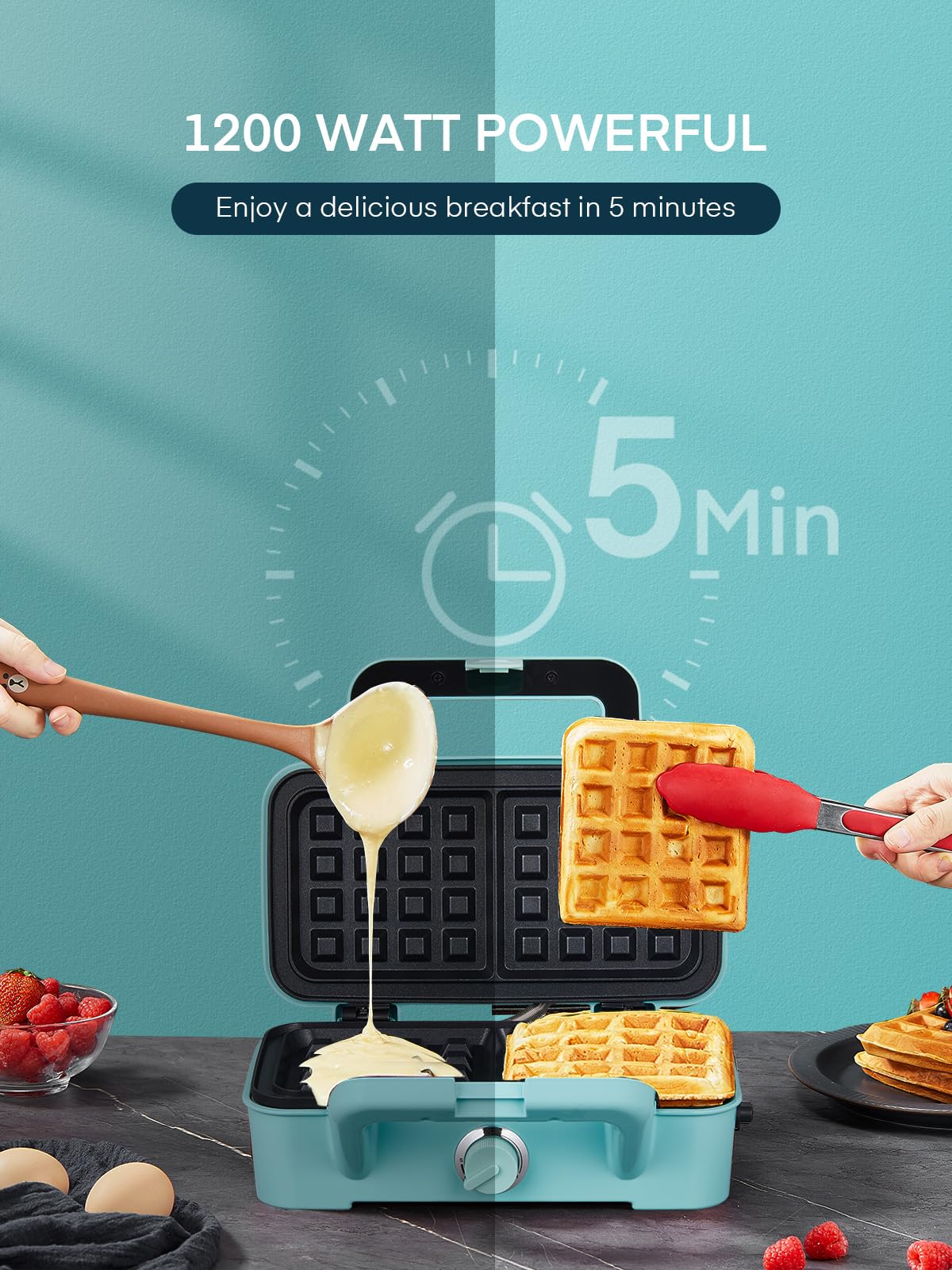 FOHERE 3-in-1 Waffle Maker & Sandwich Press, 1200W Panini Grill with Removable Non-Stick Plates, 5-Level Temperature Control, Easy to Clean with Indicator Lights (Blue) - Perfect for Breakfast, Brunch, and Quick Snacks at Home or Office