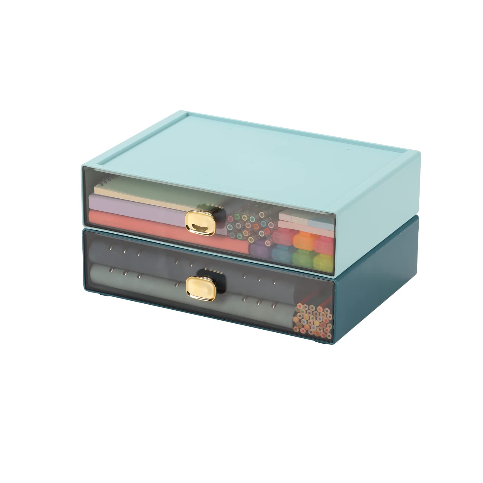 Spacious Desktop Storage Box with 2 Large Drawers - Stackable Office Desk Organizer for Printer Paper & Accessories - Blue & Cyan Plastic Drawers for Workspace & Home Organization | Perfect for Office Supplies, Craft Storage & Home Office Setup