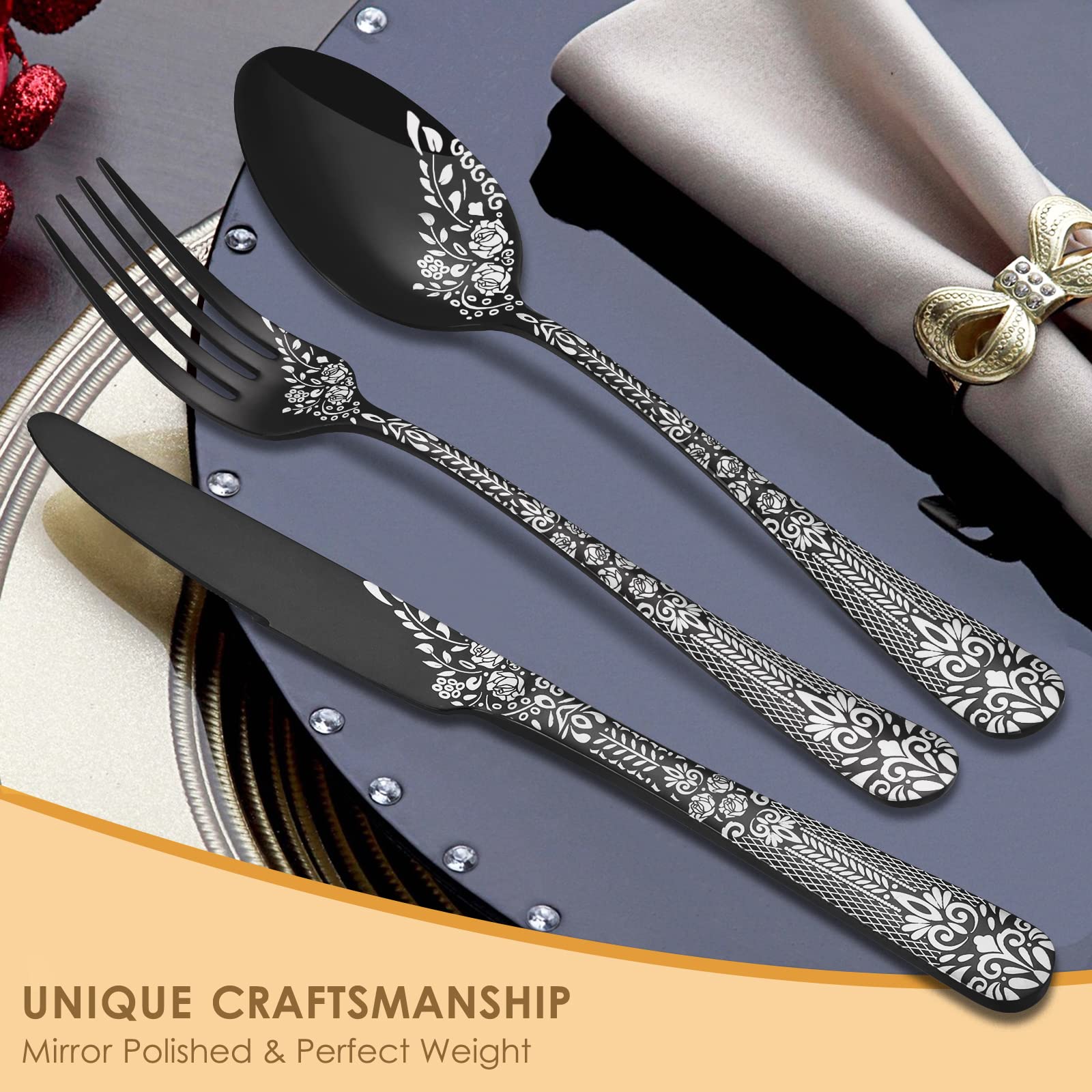 EUIRIO 36-Piece Black Silverware Set with Steak Knives - 6-Person Stainless Steel Mirror Cutlery Set with Unique Floral Laser Design (Spoons, Forks, Knives) - Dishwasher Safe Flatware for Everyday Dining, Dinner Parties & Restaurant Use