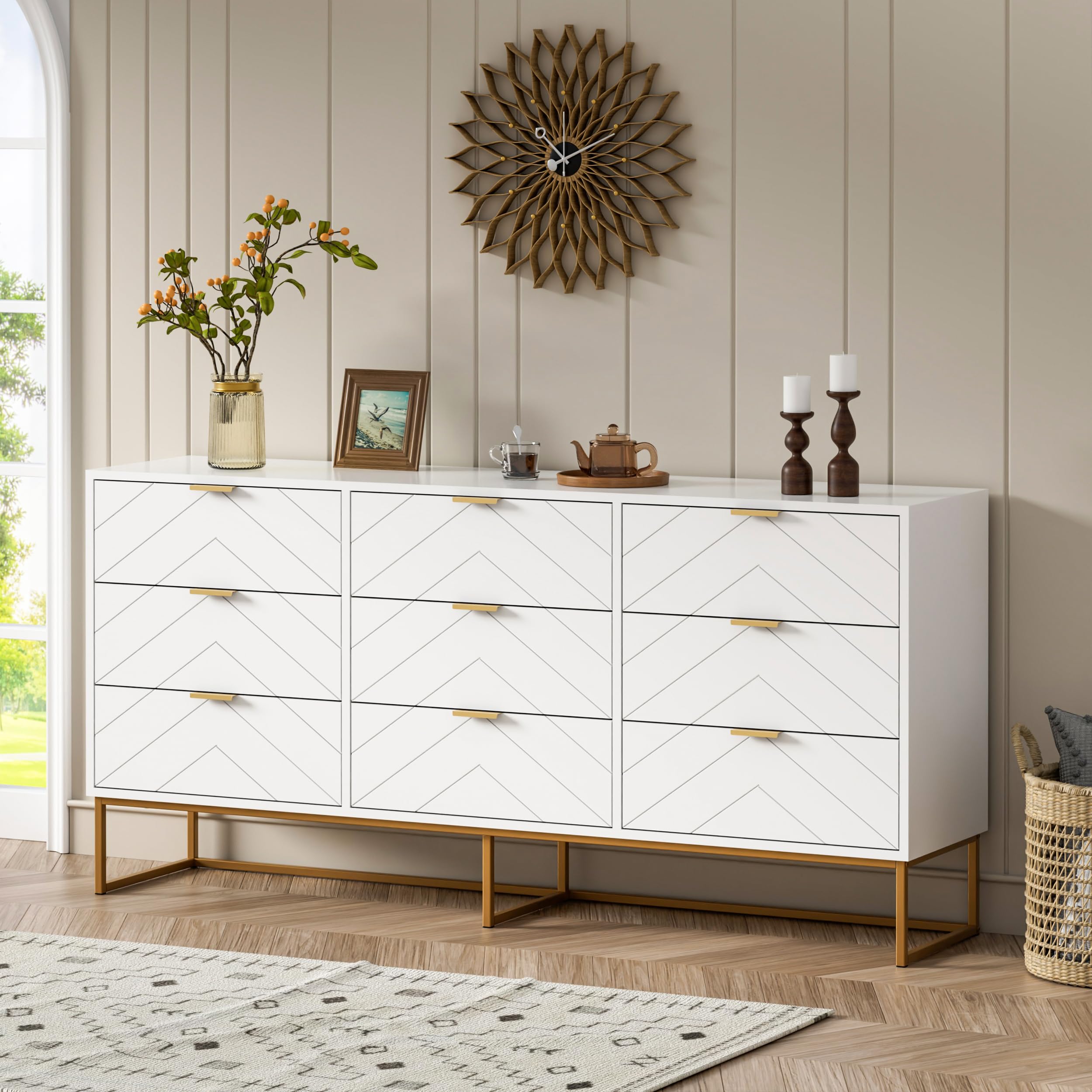 Modern White 9-Drawer Chest & 3-Drawer Nightstand Set - Bedroom Storage Furniture Combo for Master Bedroom, Guest Room & Apartment Organization
