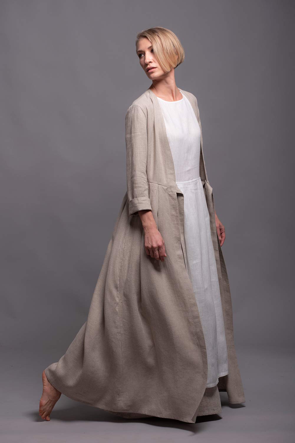 HANK Women's Maxi Linen Coat Dress with Long Sleeves, Belt & Pockets - Custom Made in 31 Colors - Elegant Office Wear & Spring Outerwear
