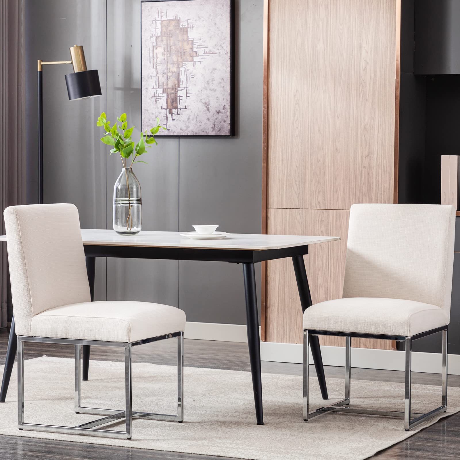 Mid Century Modern Dining Chairs Set of 2 - Cream Linen Upholstered Kitchen & Dining Room Chairs with Polished Chrome Metal Frame | Perfect for Small Spaces, Breakfast Nooks & Contemporary Dining Rooms