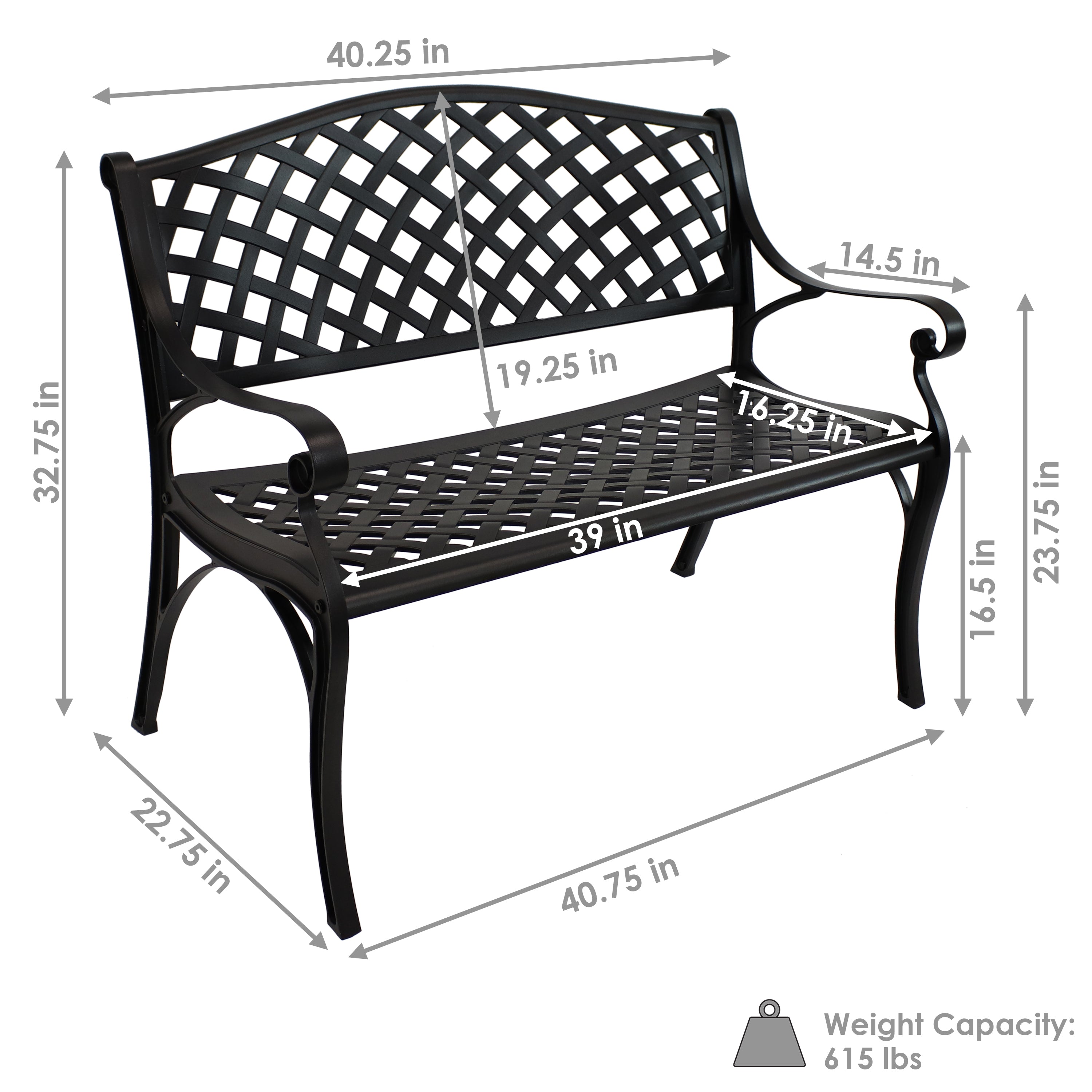 Sunnydaze 2-Person Checkered Cast Aluminum Outdoor Garden Bench - Black - Perfect for Patio, Backyard, and Garden Seating