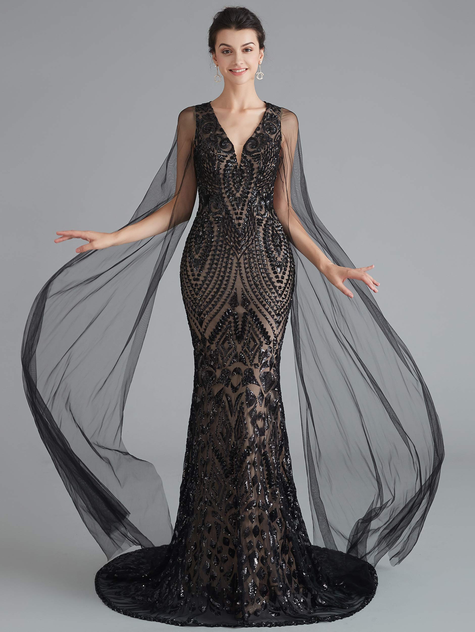 Elegant Women's V-Neck Sequins Mermaid Evening Dress with Sheer Sleeves | Formal Gowns for Prom, Wedding, Cocktail Party & Special Occasions