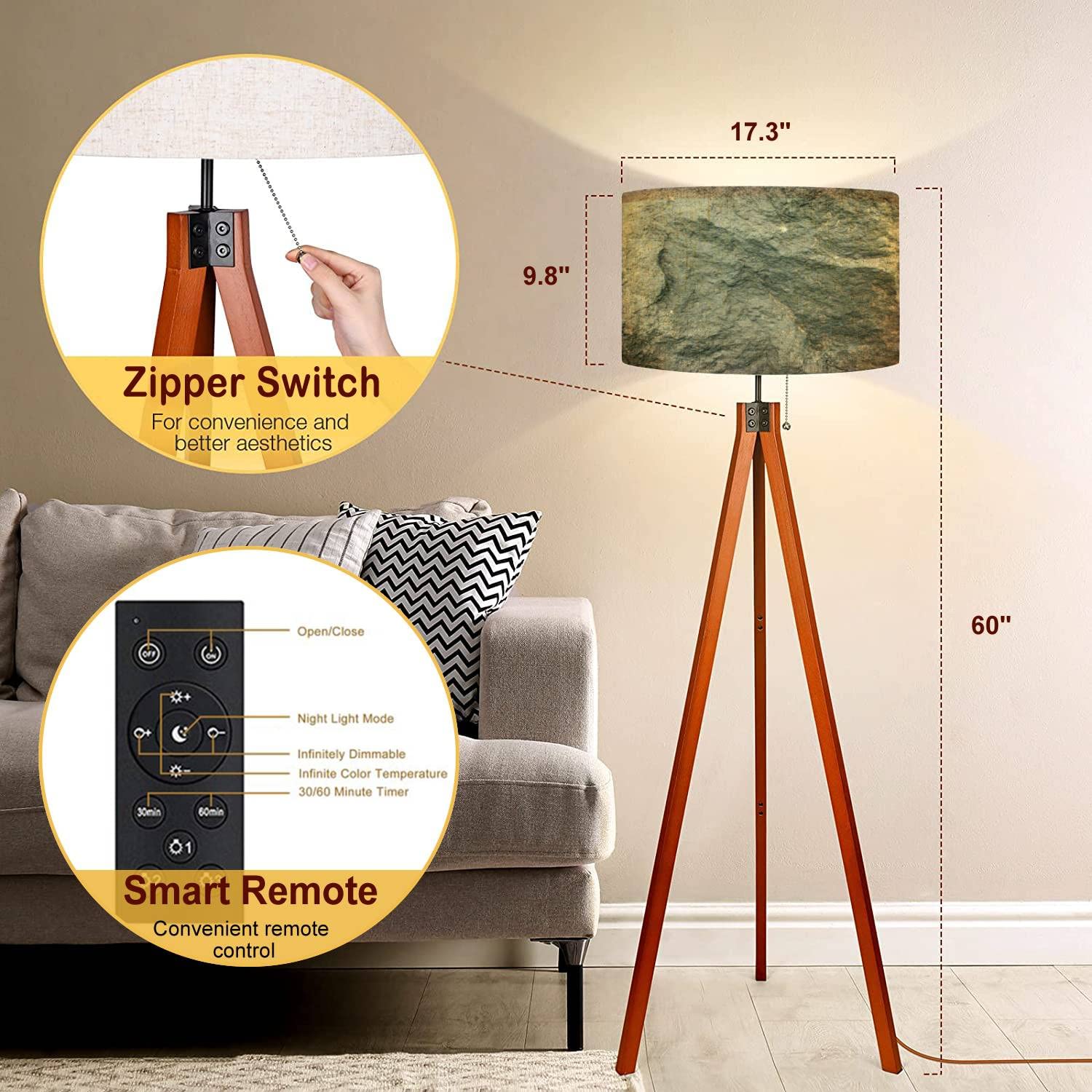 Modern Wood Tripod Floor Lamp with Linen Shade - Dimmable Tall Standing Lamp in Natural Grey Finish for Living Room & Bedroom | Mid-Century Style Lighting for Cozy Home Decor