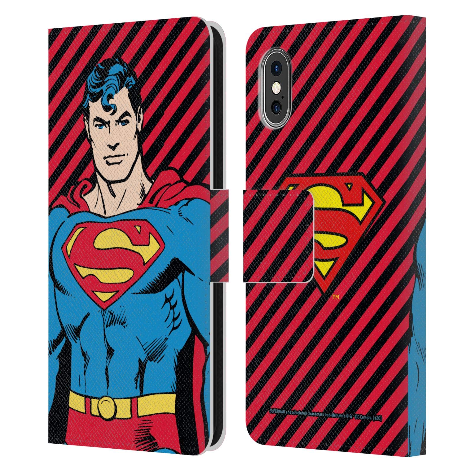 Official DC Comics Superman Vintage Leather Wallet Case for Apple iPhone X/Xs - Stylish Book Cover Design with Stripes | Perfect for Superhero Fans & Daily Use