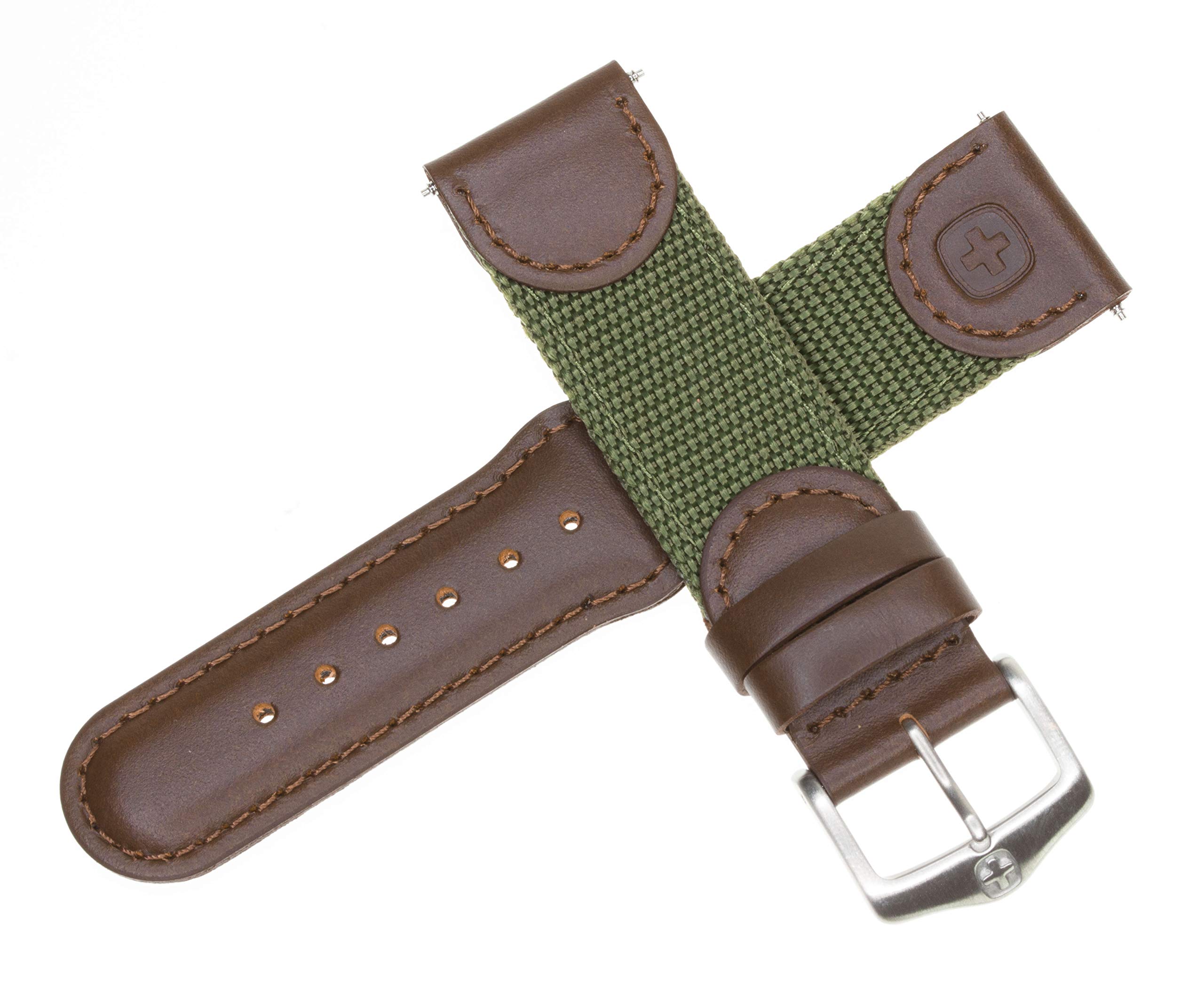 Original Wenger Swiss Army 21mm Genuine Brown Leather & Army Green Nylon Watch Band Replacement - Perfect for Outdoor Adventures, Military Use & Everyday Wear