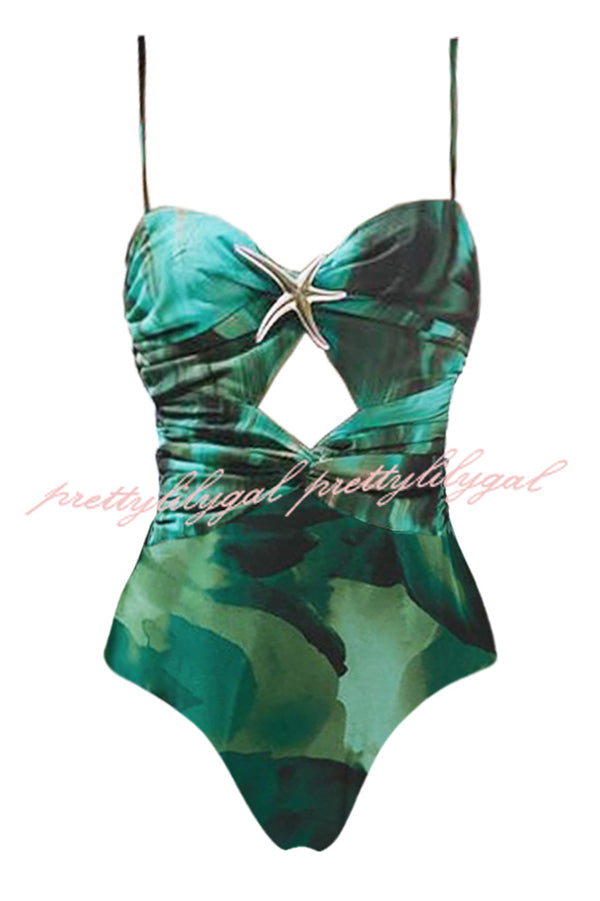 Unique Print Starfish Embellished Cutout Stretch One-Piece Swimsuit | Women's Fashion Beachwear for Summer Vacation & Pool Party