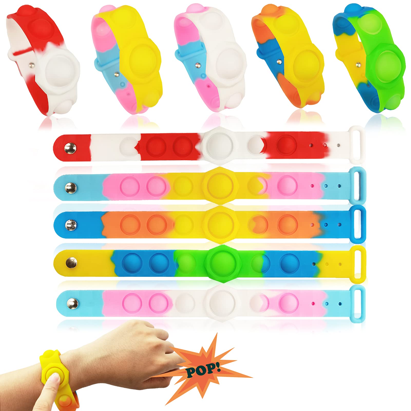 VABAMNA 5 Pack Pop Wristband Fidget Toys - Sensory Bracelets for Anxiety Relief, ADHD & Autism - Push Bubble Silicone Stress Relief Toys for Kids & Adults - Perfect for Classroom, Office & Travel Use