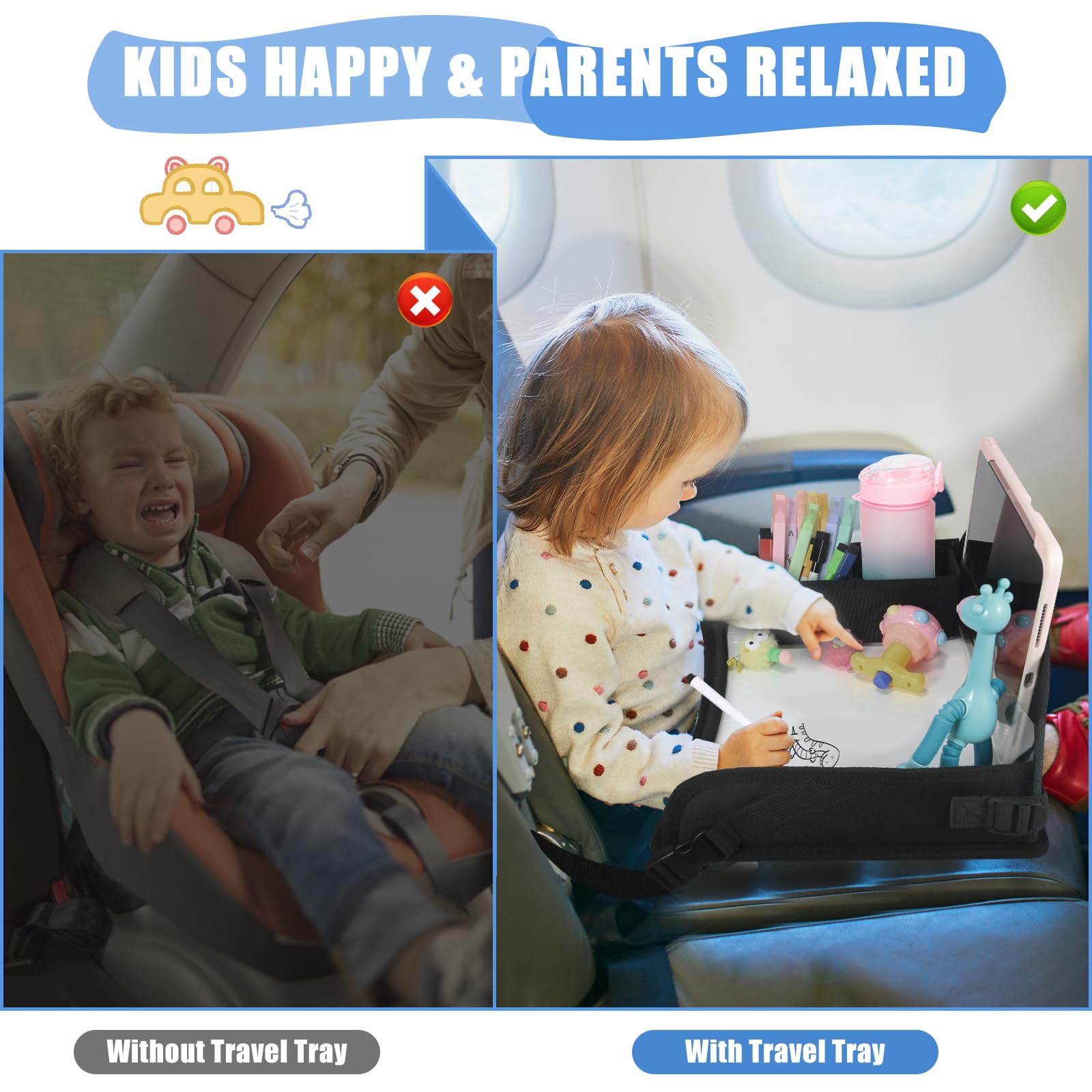 Upgraded Kids Travel Tray for Airplane & Car - Toddler Car Seat Table Tray with Storage | Portable Lap Desk for Road Trips, Snacks & Activities | Perfect for Boys & Girls Ages 2-5 | Black | Ideal for Airplane Travel, Long Car Rides & Homeschooling