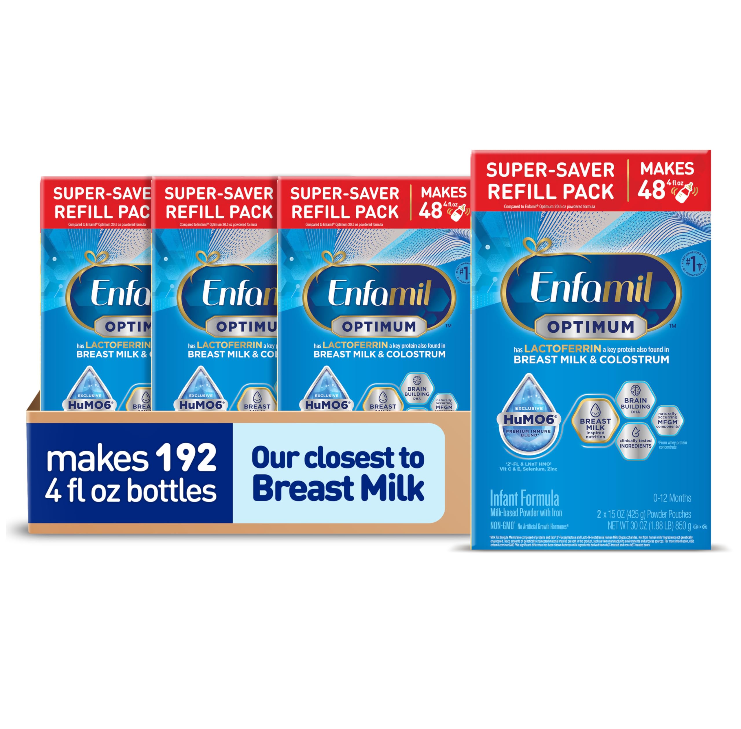 Enfamil Optimum Baby Formula - Closest to Breast Milk with Immune-Supporting Lactoferrin & Brain-Building DHA | 30 Oz (Pack of 4) | Ideal for Newborns & Infants, Perfect for Daycare & Travel Feeding