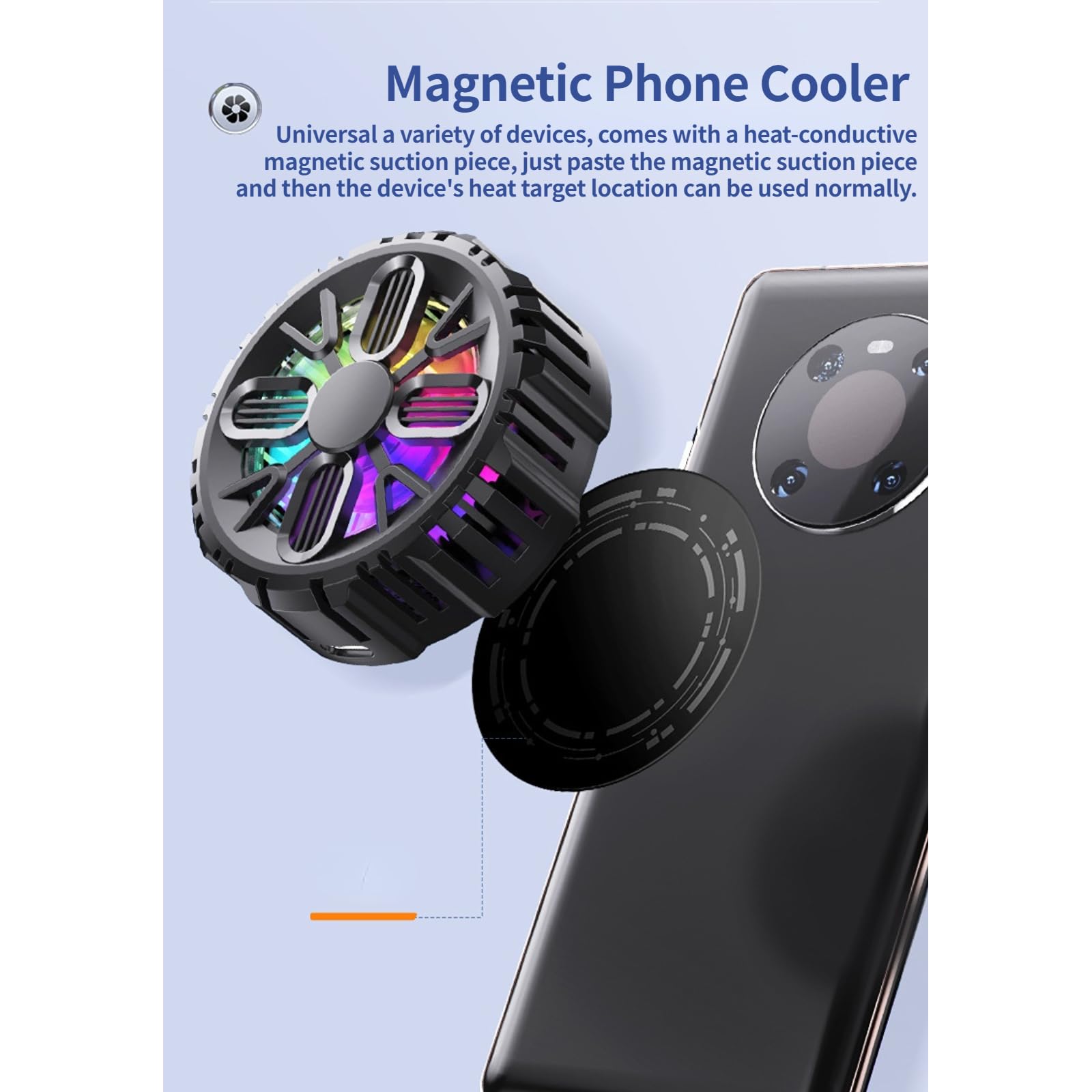 Rechargeable Semiconductor Phone Cooler with Colorful LED Lights - Universal Magnetic Cooling Fan for Gaming, Video Streaming & Car Driving - Prevent Overheating for iPhone & Android Phones
