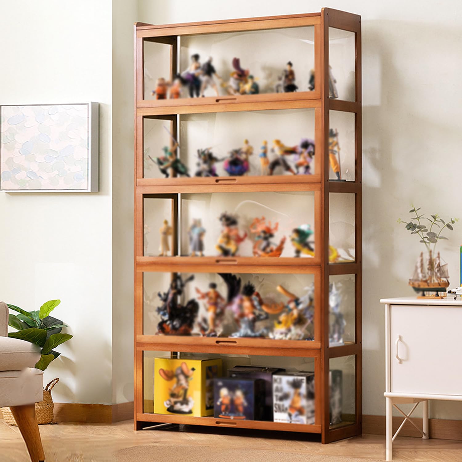35.4x13.4x67.7in Acrylic Display Cabinet with Flip Door - Bamboo Curio Cabinet & Glass Shelf for Collectibles, Home Decor Storage - Easy Assembly (Brown) - Perfect for Living Room, Office, or Retail Showcase