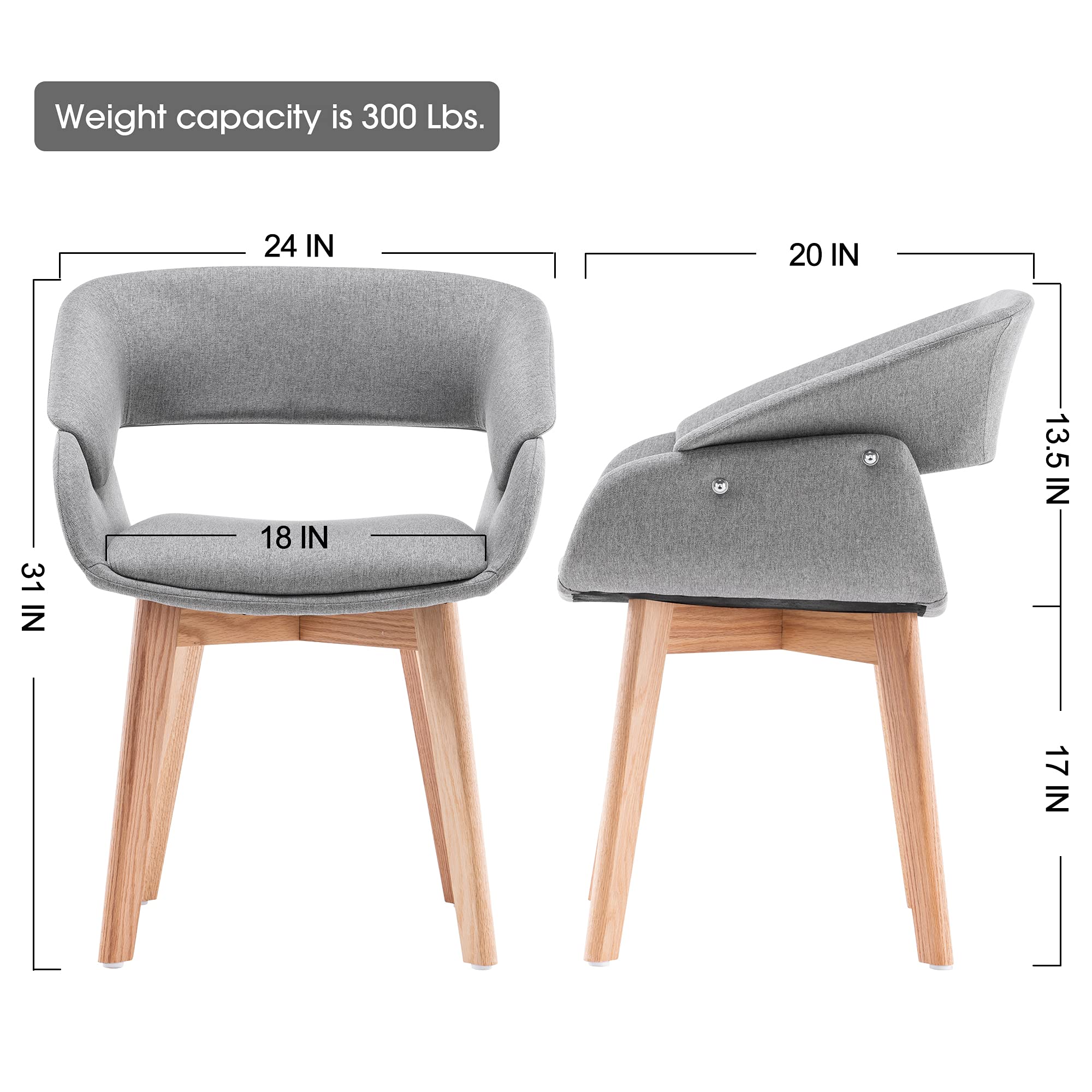Modern Mid-Century Accent Arm Chairs Set of 2 - Linen Upholstered Dining Room Chairs with Solid Wood Legs & Cushions (Grey) - Perfect for Living Room, Dining Area, Guest Seating & Lounge Decor