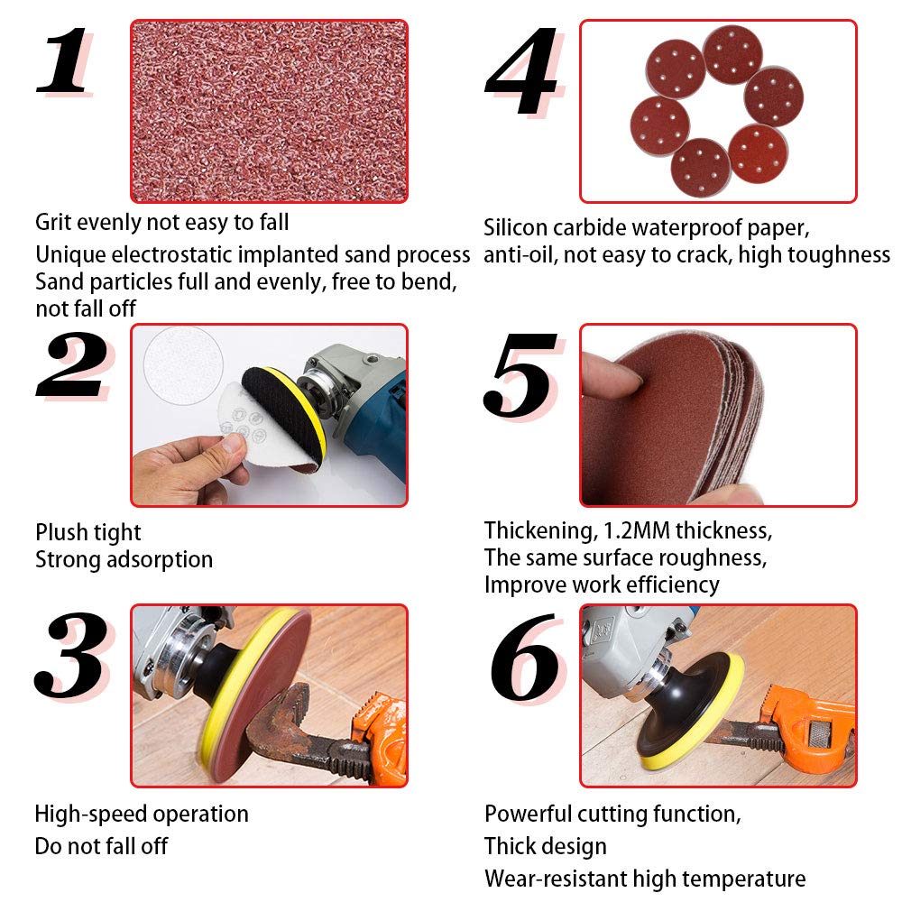 HIFROM 72-Piece 5-Inch Sanding Discs Kit - 6-Hole Dustless Hook & Loop Sandpaper Assortment (40/60/80/120/180/240 Grit) - Compatible with Random Orbital Sanders & Grinders - Perfect for Woodworking, Metal Polishing & DIY Home Projects