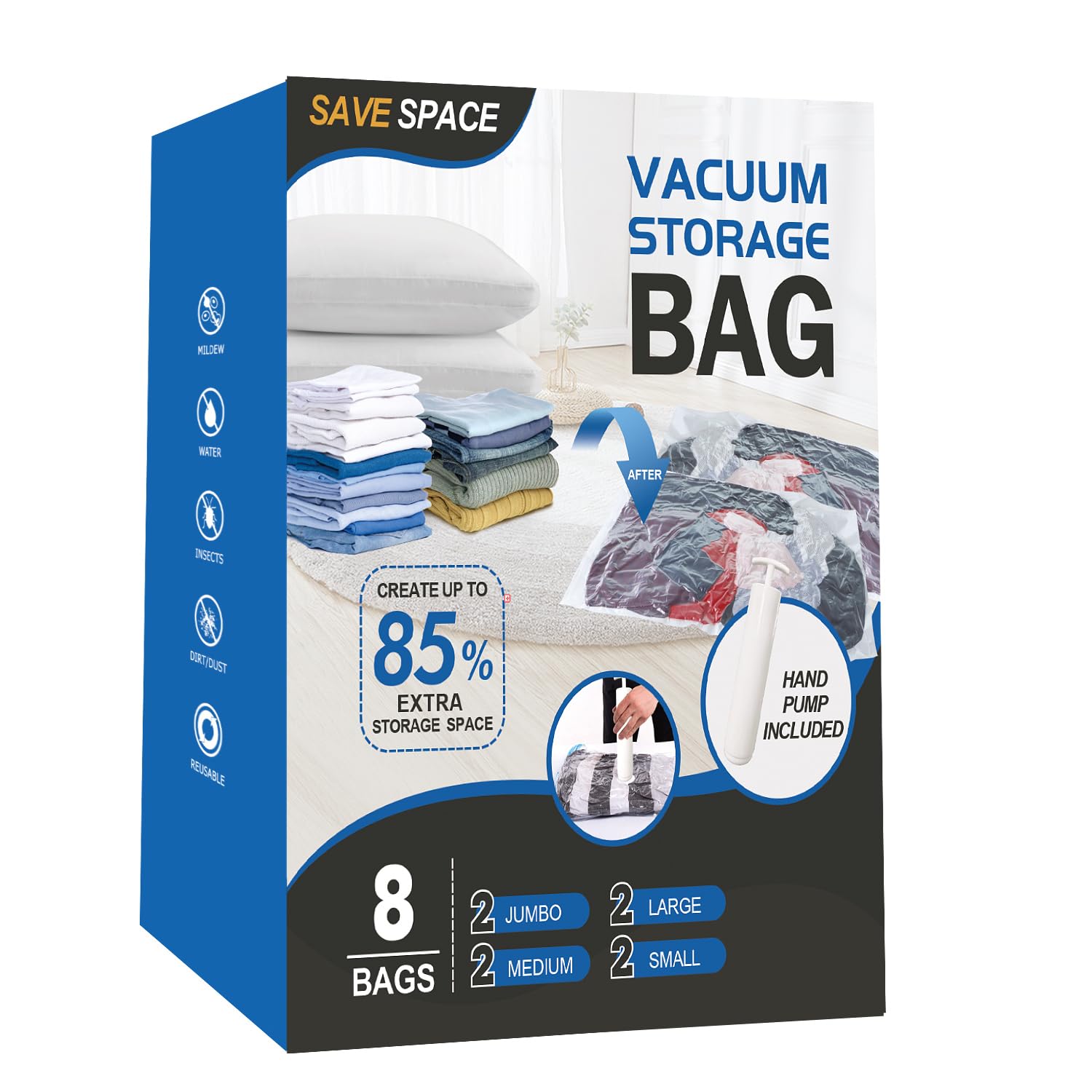 Vacuum Compression Storage Bags - Space Saving Clothes Organizer with Hand Pump for Travel (8 Pack: 2 Small, 2 Medium, 2 Large, 2 Jumbo) - Perfect for Clothes, Comforters, Blankets, Bedding & Duvets | Ideal for Home Organization, Seasonal Storage & Travel Packing