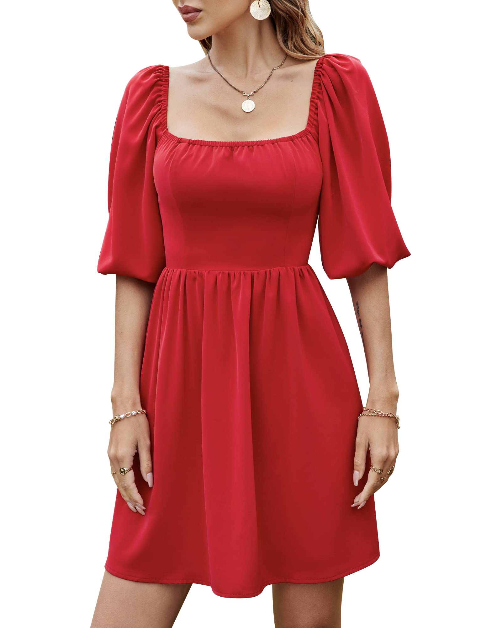 Women's Square Neck A-Line Mini Dress - Half Puff Sleeve Babydoll Summer Dress for Casual Wear | Perfect for Spring/Summer Outings, Beach Vacations & Date Nights