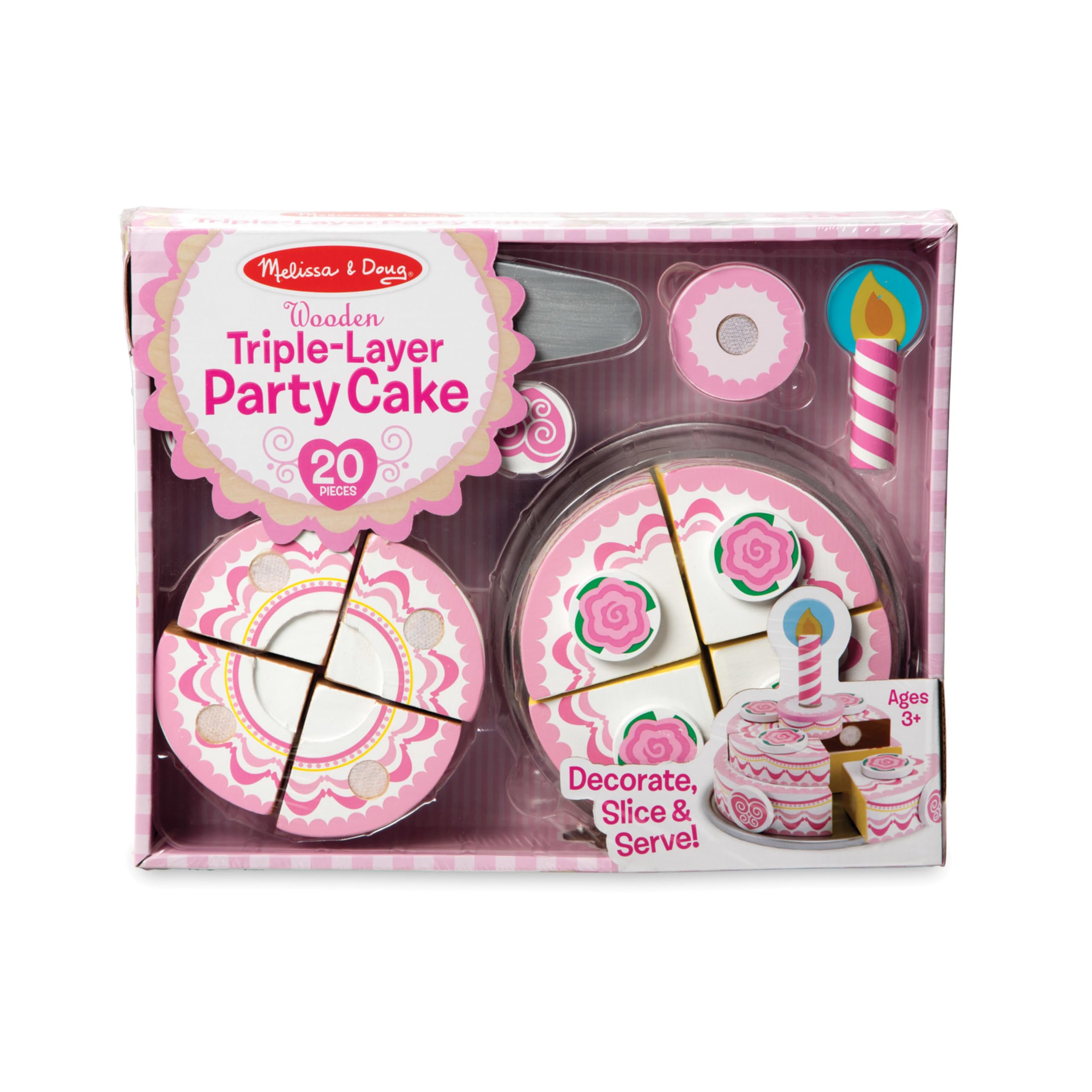 Melissa & Doug Triple-Layer Wooden Birthday Cake Play Food Set - Pretend Play Toy for Kids Ages 3+, Perfect for Birthday Parties & Preschool Learning Activities