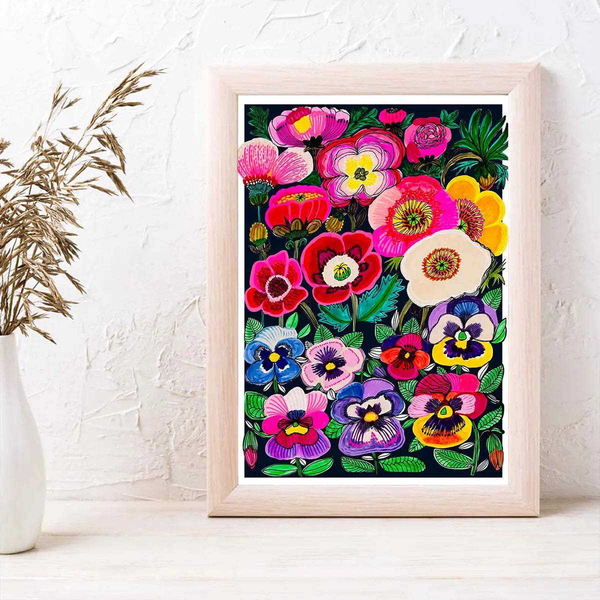 Midnight Pansies and Poppies Wall Art Print - Floral Botanical Painting for Living Room, Bedroom & Office Decor