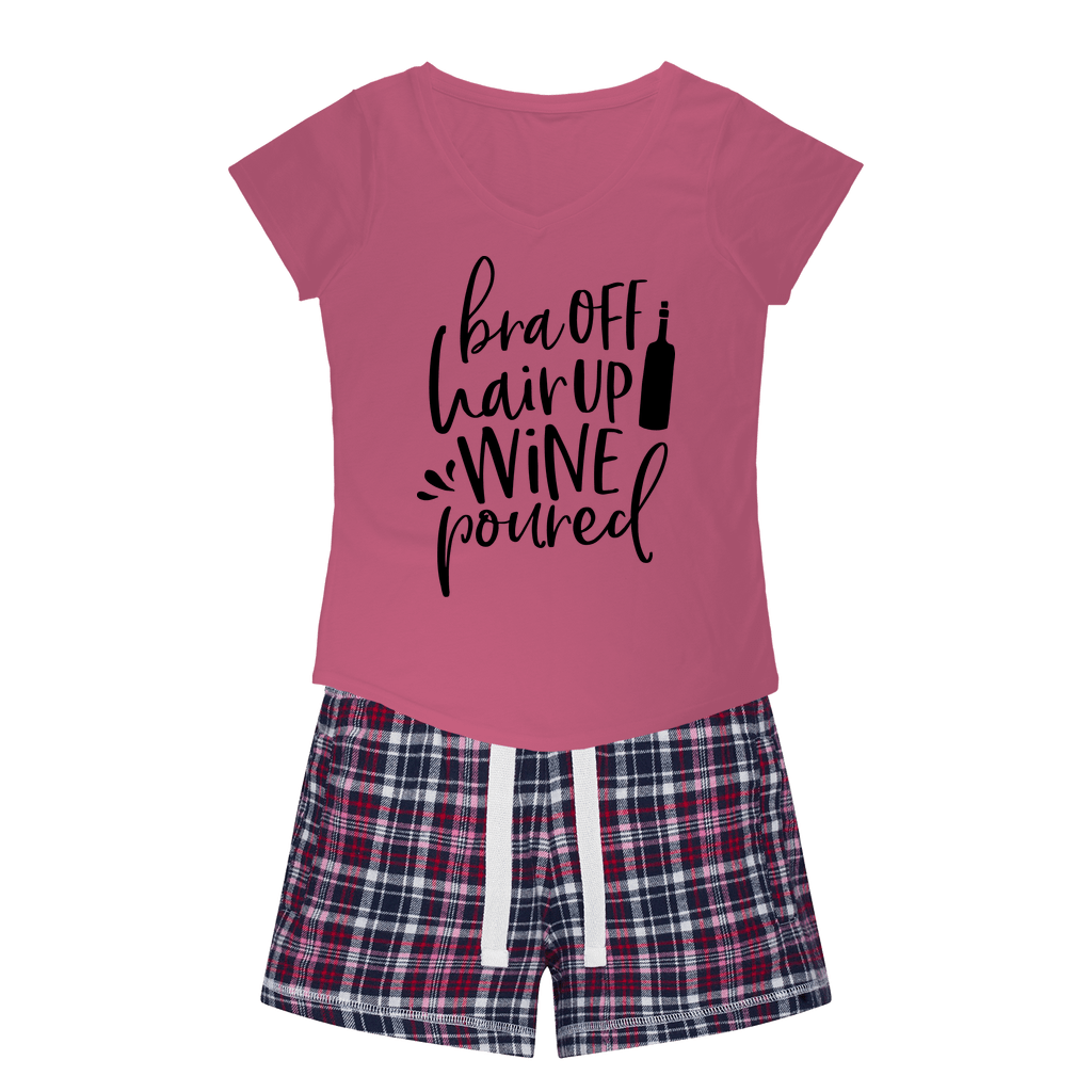 WineyBitches.Co Women's Funny Sleepy Tee & Flannel Shorts Set - 'Bra Off Hair Up Wine Poured' Slogan Graphic - Comfy Lounge & Sleepwear for Wine Lovers