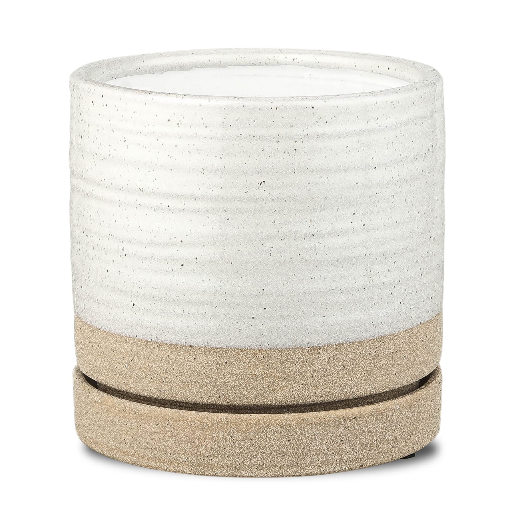 6 Inch Ceramic Plant Pots with Drainage Hole & Saucer - Indoor/Outdoor Cylinder Round Planter for Succulents, Herbs, Flowers - White & Beige Glazed Garden Decor