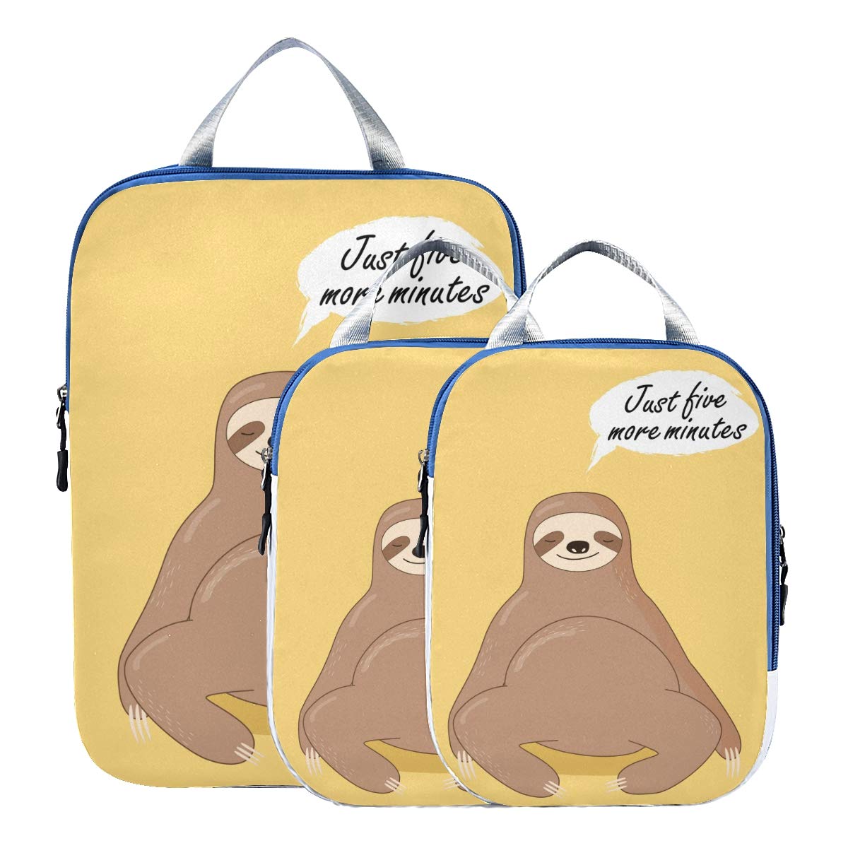 Tarity 3-Piece Yellow Sloth Travel Packing Cubes Set - Funny Suitcase Organizer Bags with Compression for Luggage - Perfect for Vacation, Business Trips & Backpacking
