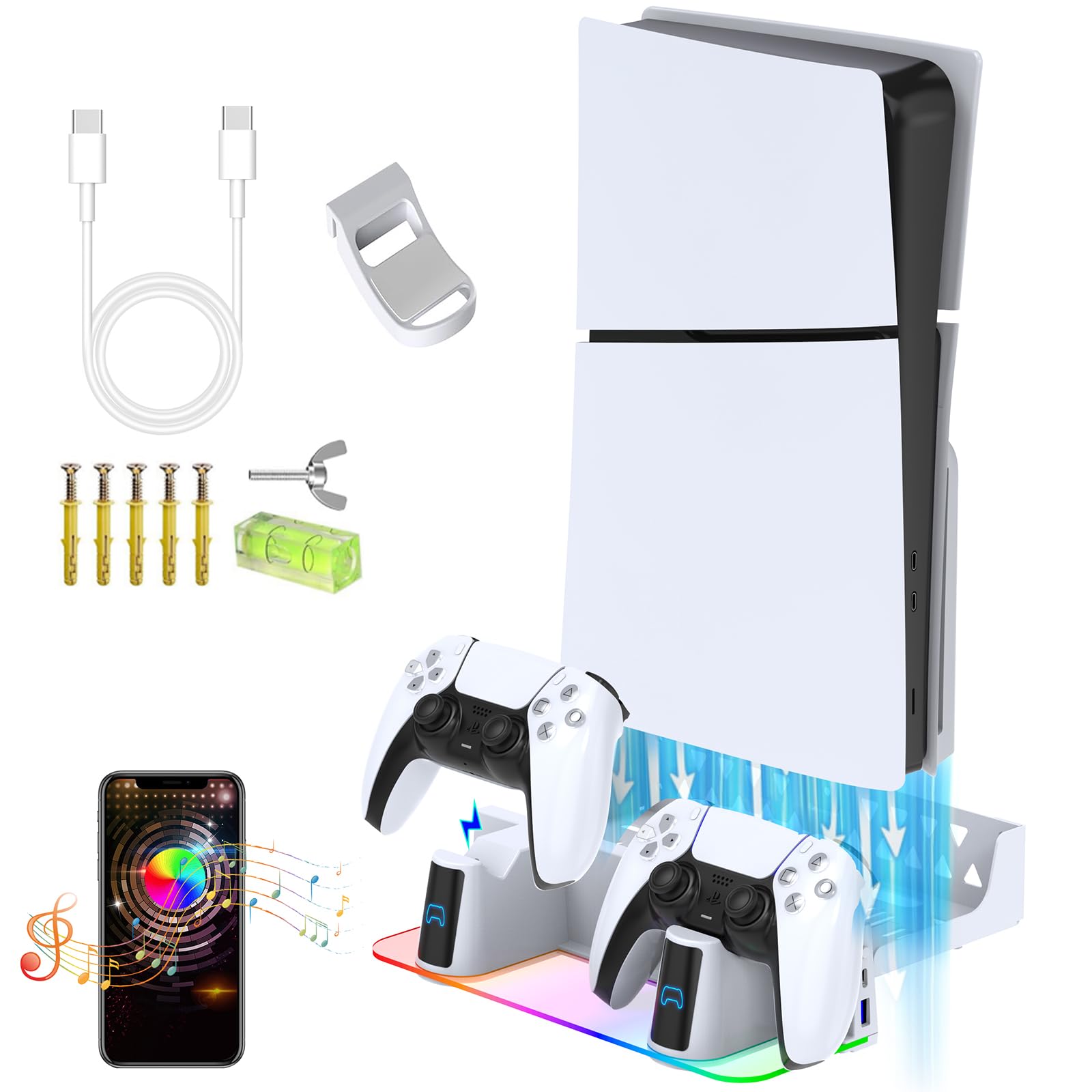 PS5 Wall Mount Kit with Charging Station & RGB LED Light - Compatible with PS5 Slim/Pro Consoles (Disc & Digital Edition) | Fast Dual Controller Chargers, Steel Wall Stand & Headphone Hanger | Perfect for Gaming Room Setup & Space-Saving Organization