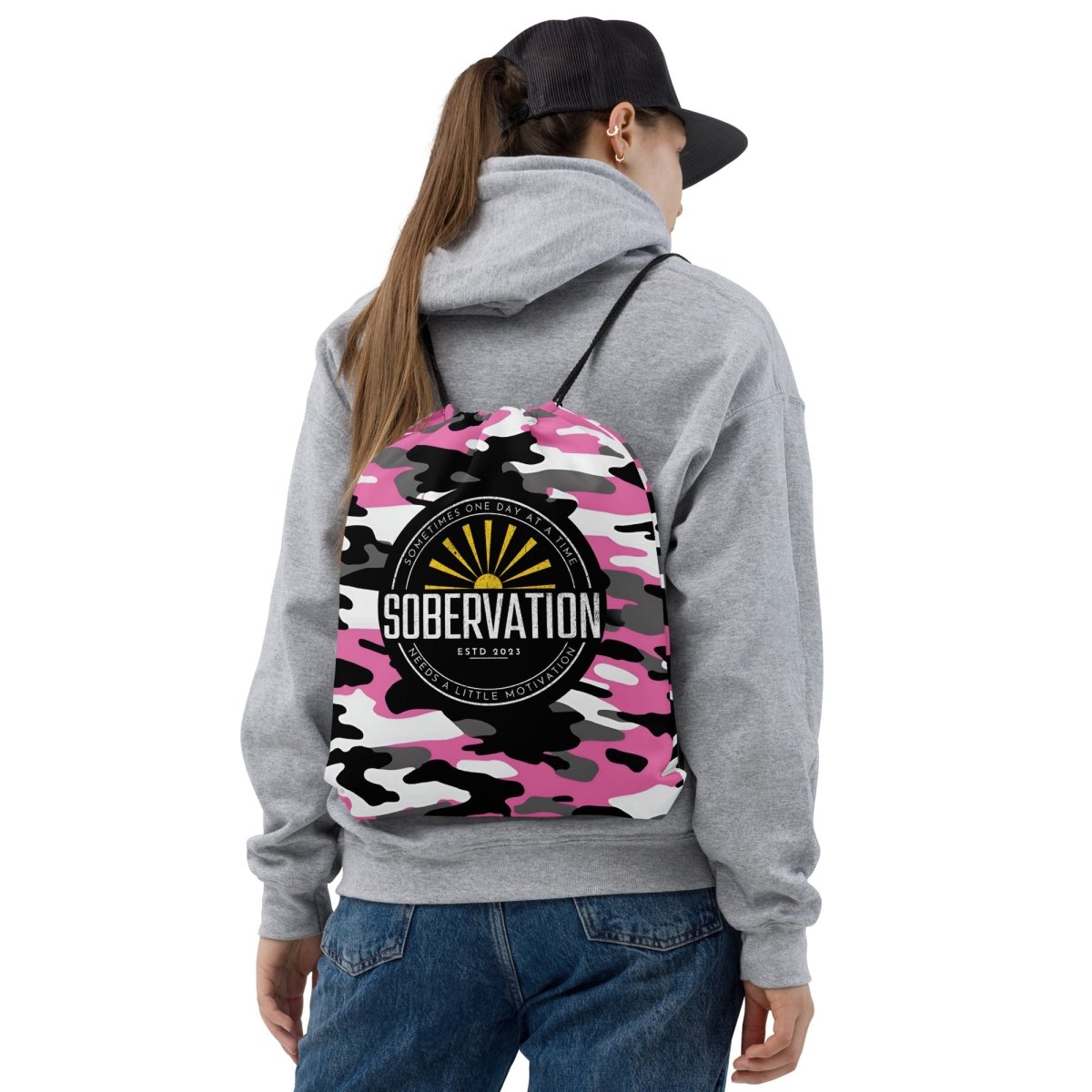 Sobervation Pink Camo Drawstring Backpack - Motivational Sobriety Gift for Women & Men - Perfect for Recovery Meetings, Gym & Travel Accessories