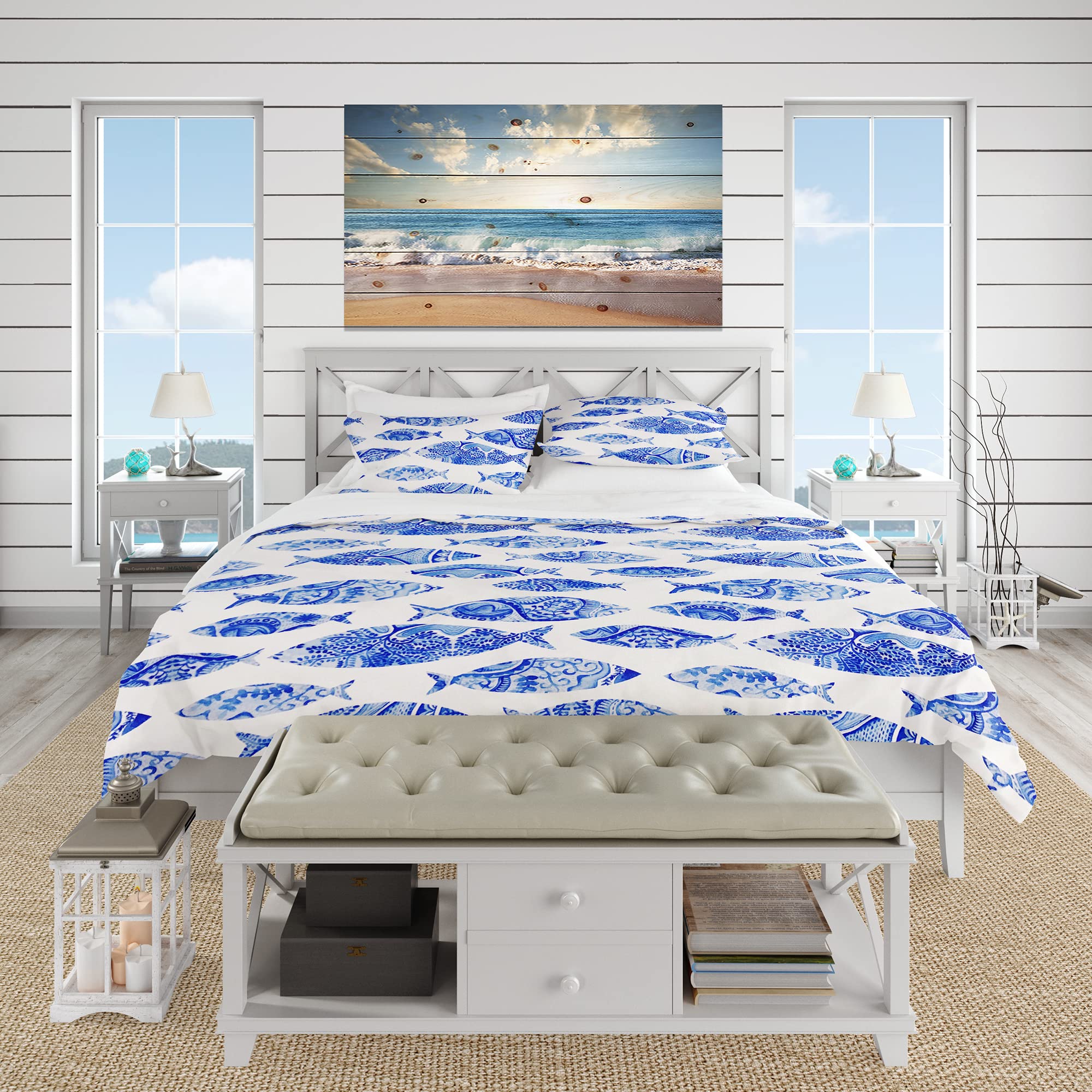 DesignQ Blue Nautical Fish Seamless Pattern Duvet Cover Set - Twin Size Coastal Beach Bedding 3-Piece All Season Comforter Set | Perfect for Beach House, Coastal Decor & Nautical Themed Bedrooms