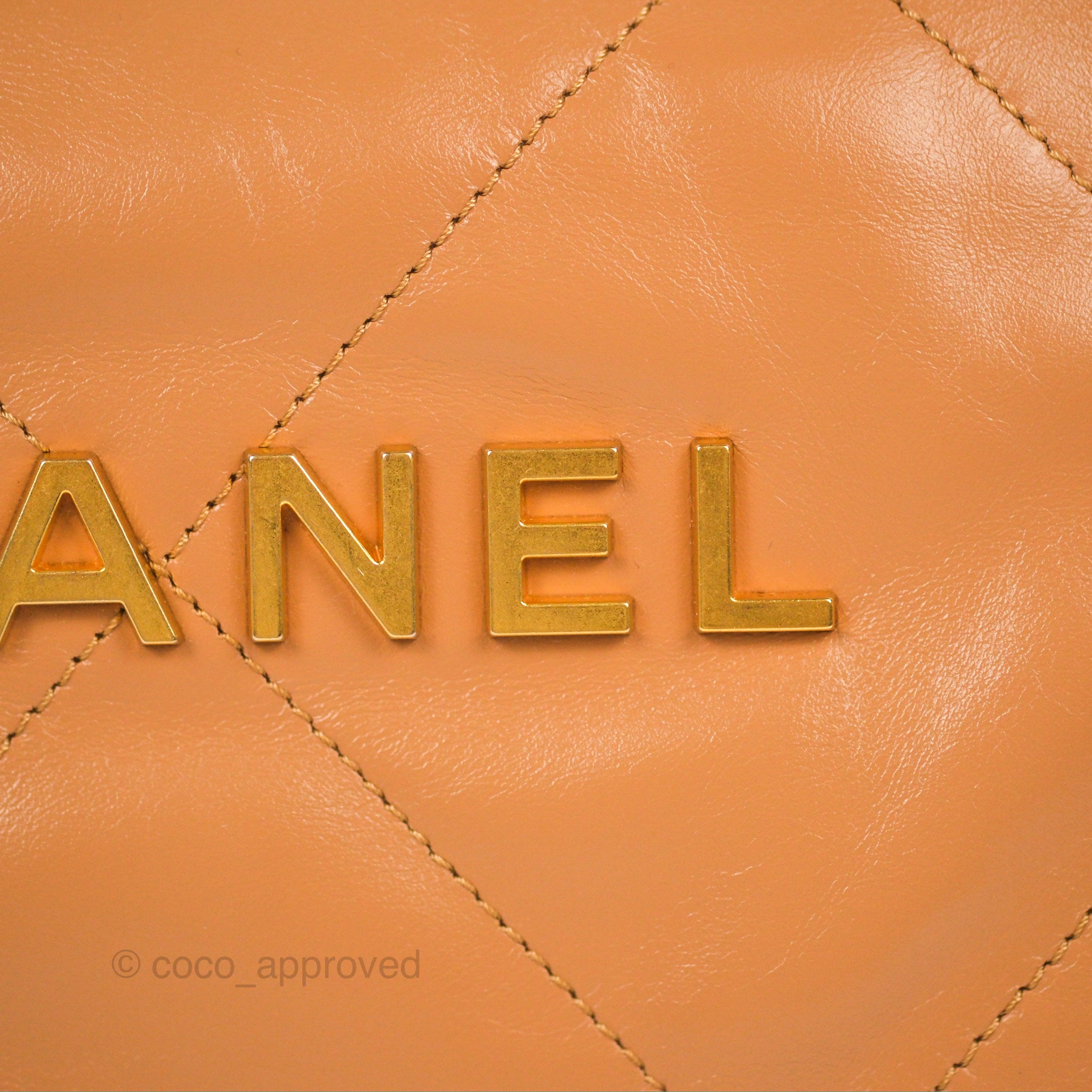 Chanel 22 Small Handbag in Caramel Beige Shiny Calfskin Leather with Aged Gold Hardware - Perfect for Everyday Use & Luxury Fashion Accessories