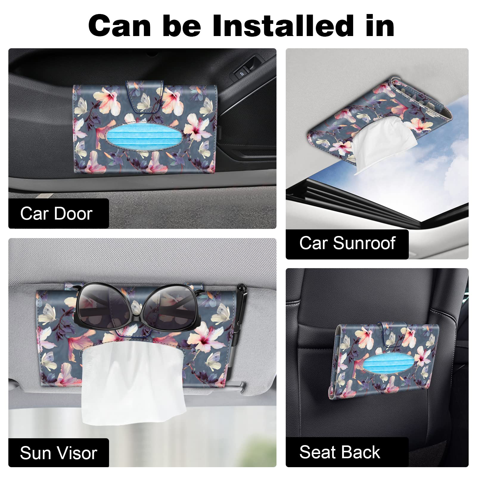 CaseBot Car Visor Tissue Holder - PU Leather Sun Visor Napkin & Mask Organizer for Car, Truck, SUV (Blooming Hibiscus Design) - Perfect for Road Trips, Daily Commutes & Family Travel