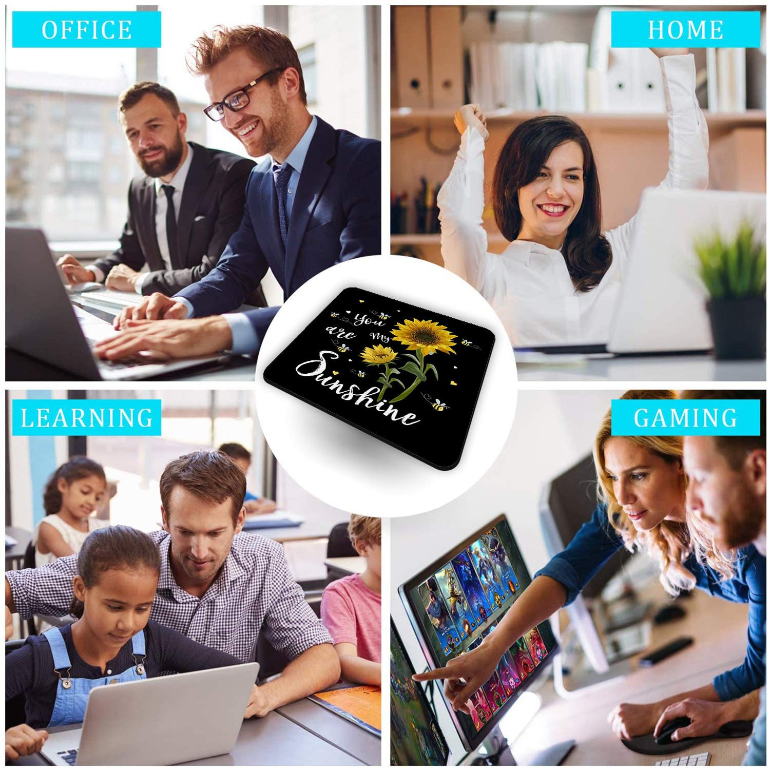 Sunflower 'You Are My Sunshine' Gaming Mouse Pad & Coasters Set - Non-Slip Rubber Rectangle Mouse Mat for Work, Office & PC Gaming - Perfect for Computer Desks, Home Office Setup & Gift Giving