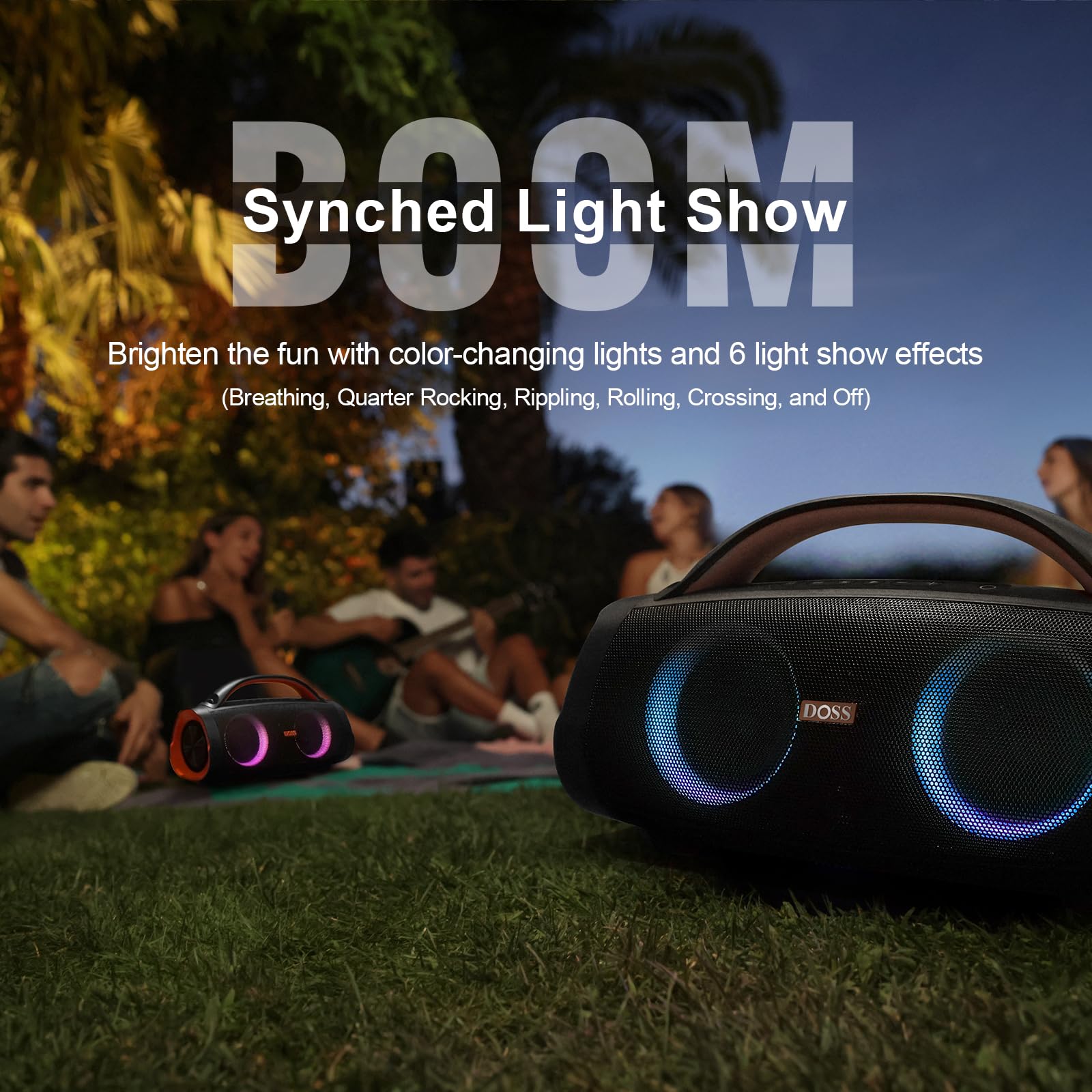 DOSS Extreme Boom+ 100W Loud Bluetooth Speaker with Powerful Stereo Sound, Deep Bass, 20H Playtime, Party-Sync LED Lights, Built-in Power Bank, IPX6 Waterproof - Perfect for Outdoor Camping, Beach Parties, Travel & Home Use (Copper Gold)