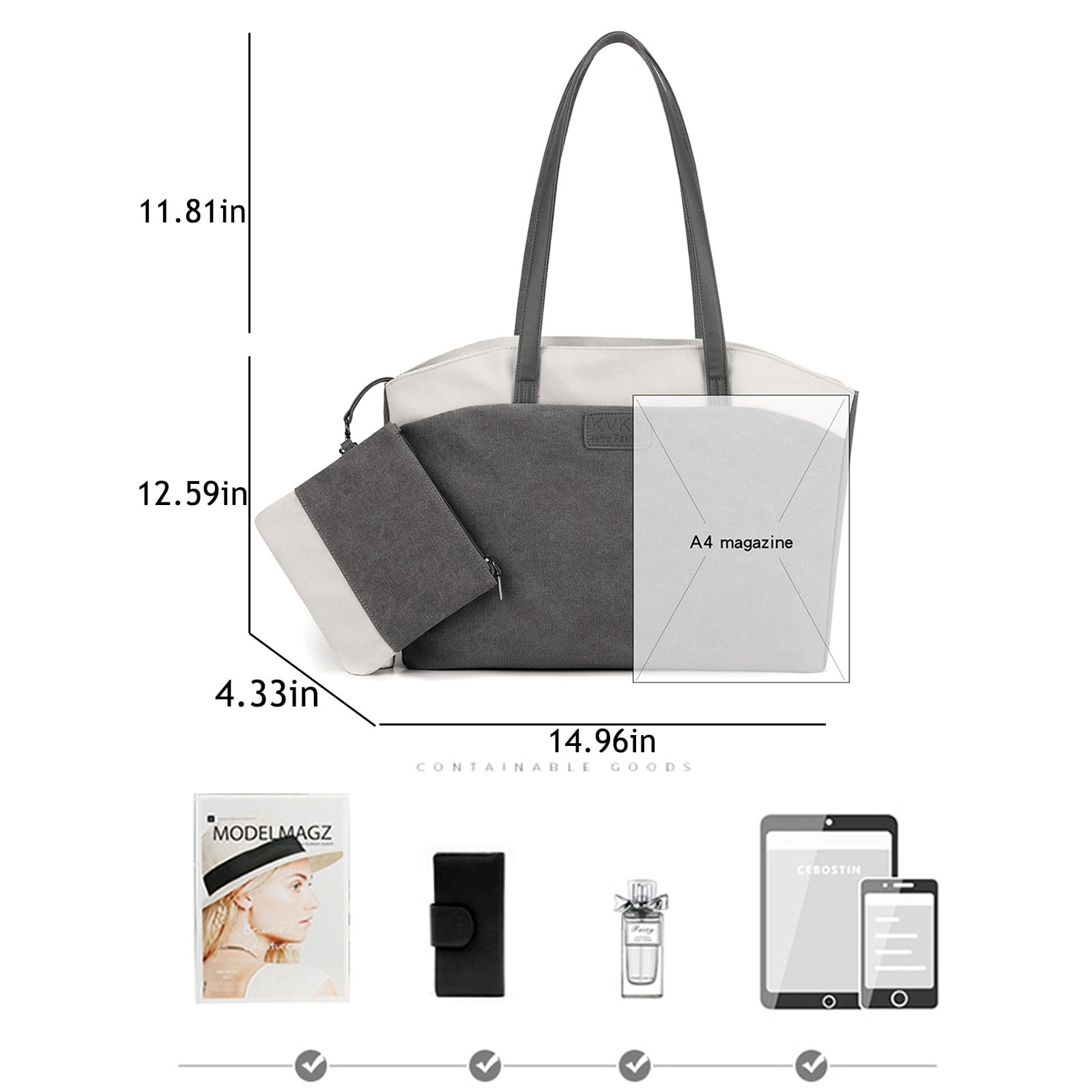 KARRESLY Women's Canvas Tote Bag - Large Capacity Shoulder Bag for Laptop, Work & Travel - 2PCS Set (Perfect for Office, Shopping & Daily Commute)
