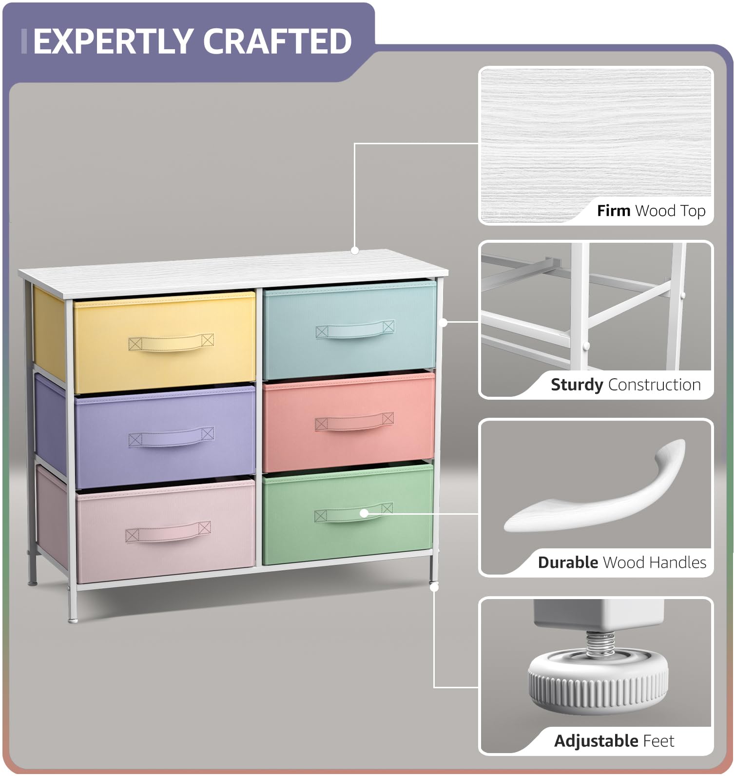Sorbus 6-Drawer Dresser Organizer - Sturdy Steel Frame & Wood Top Storage Tower with Easy Pull Fabric Bins | Perfect for Bedroom, Hallway, Closet & Office Organization (Pastel/White) | Ideal for Small Space Storage & Home Decor
