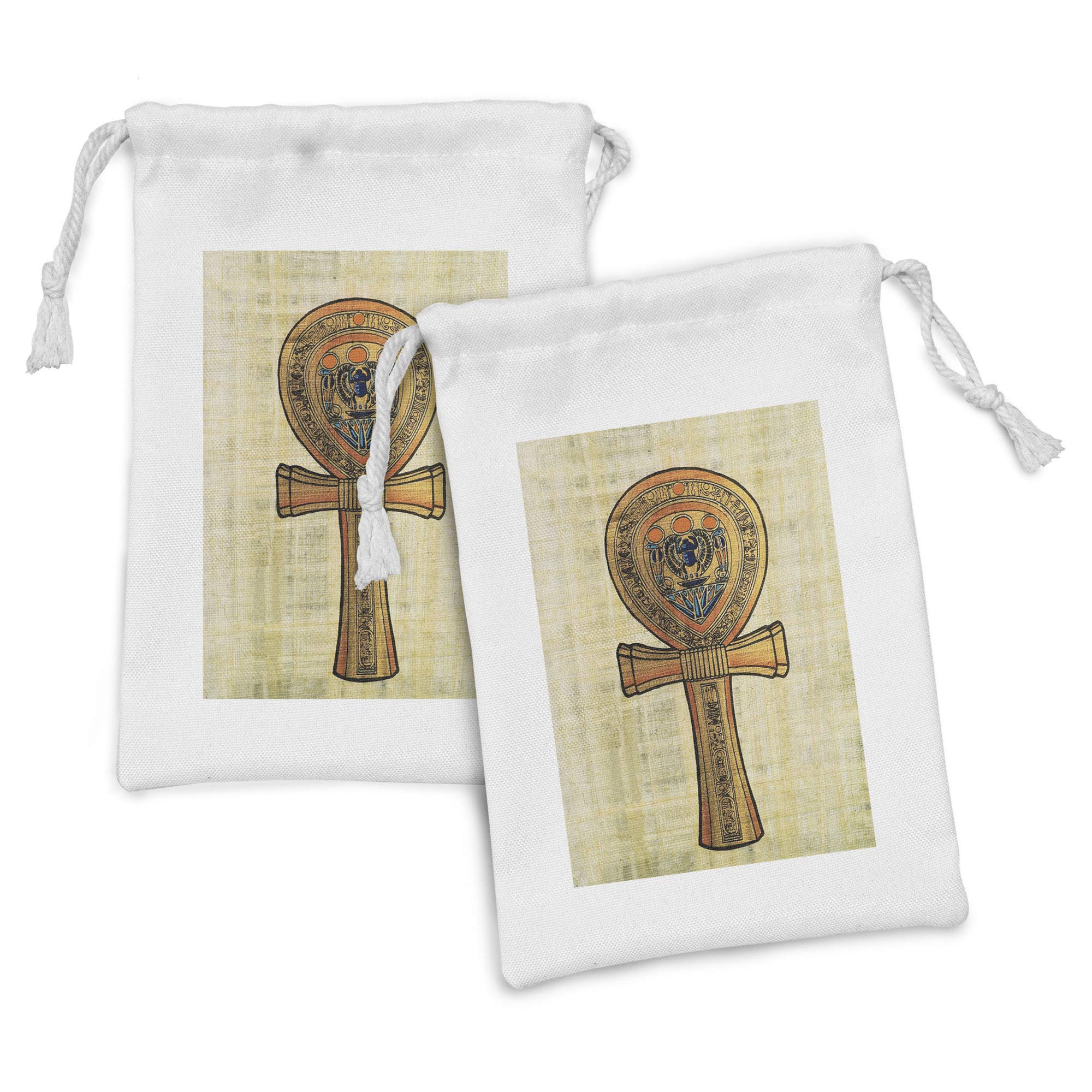 Ambesonne Egyptian Print Fabric Pouch Set of 2 - Traditional Ankh Key of Life Design, Small Drawstring Bags for Toiletries, Jewelry, Makeup & Travel Essentials (9